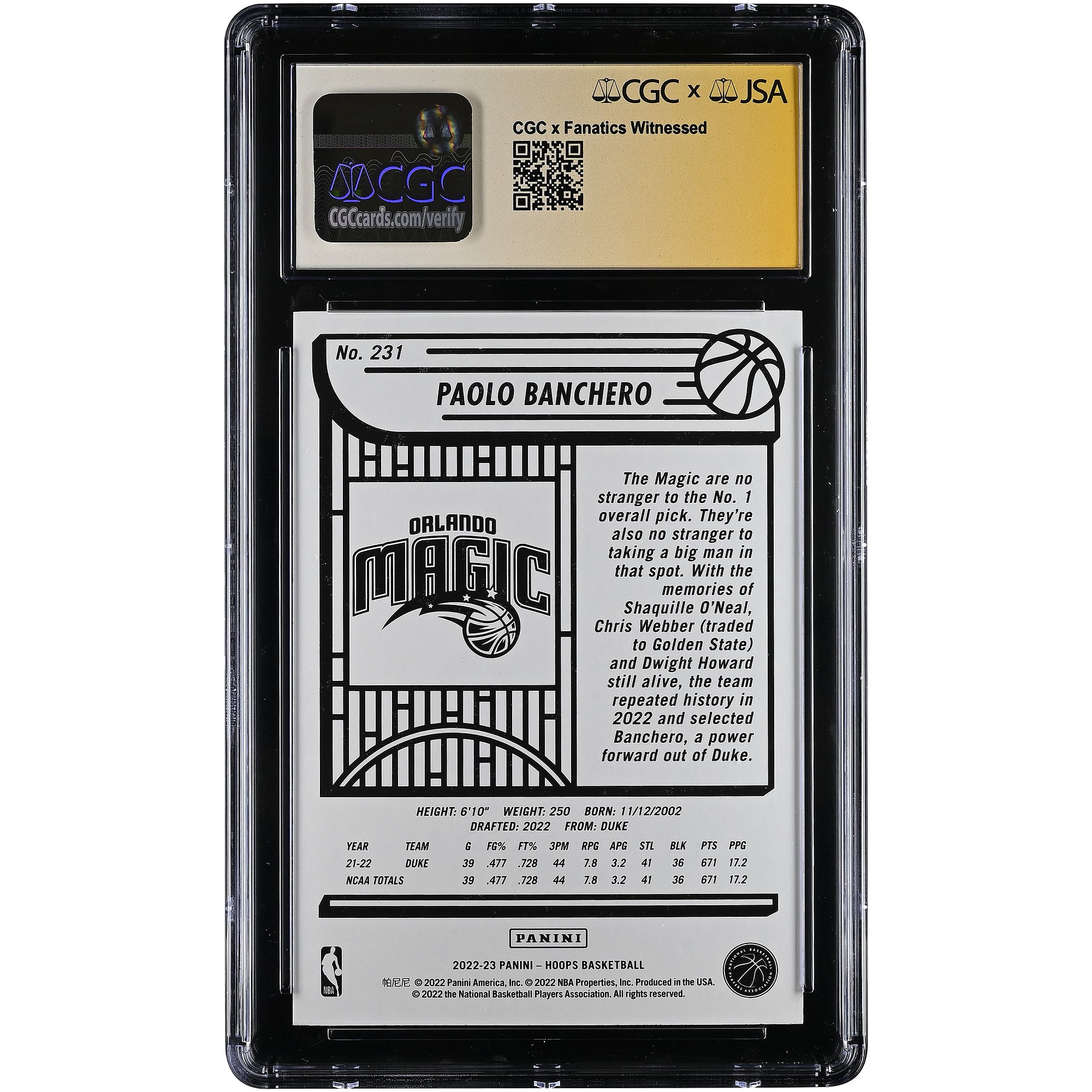Paolo Banchero Orlando Magic Autographed 2022-23 Panini Hoops #231 CGC Authenticated 9.5/10 Rookie Card
