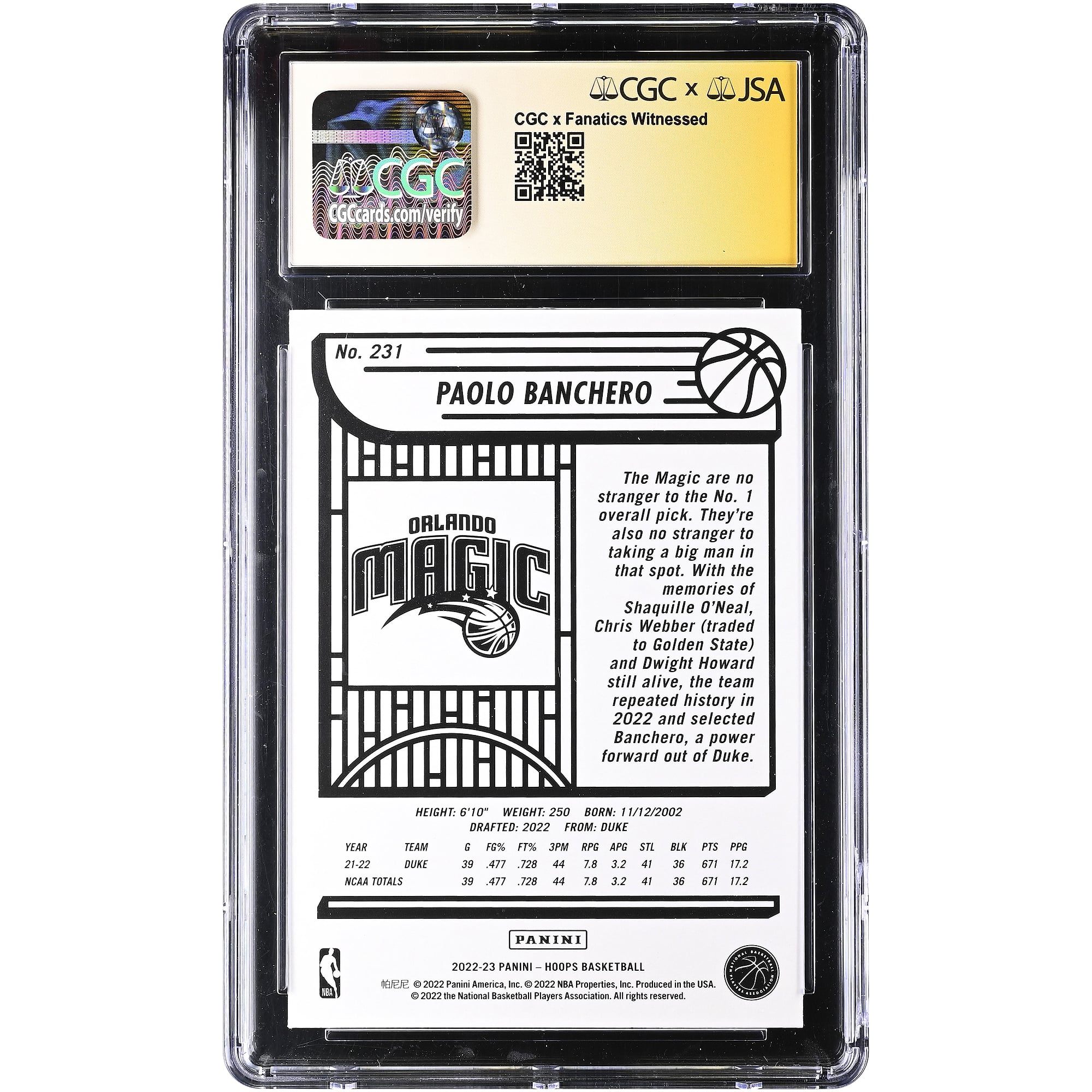 Paolo Banchero Orlando Magic Autographed 2022-23 Panini Hoops #231 CGC Authenticated Auto 10 Rookie Card