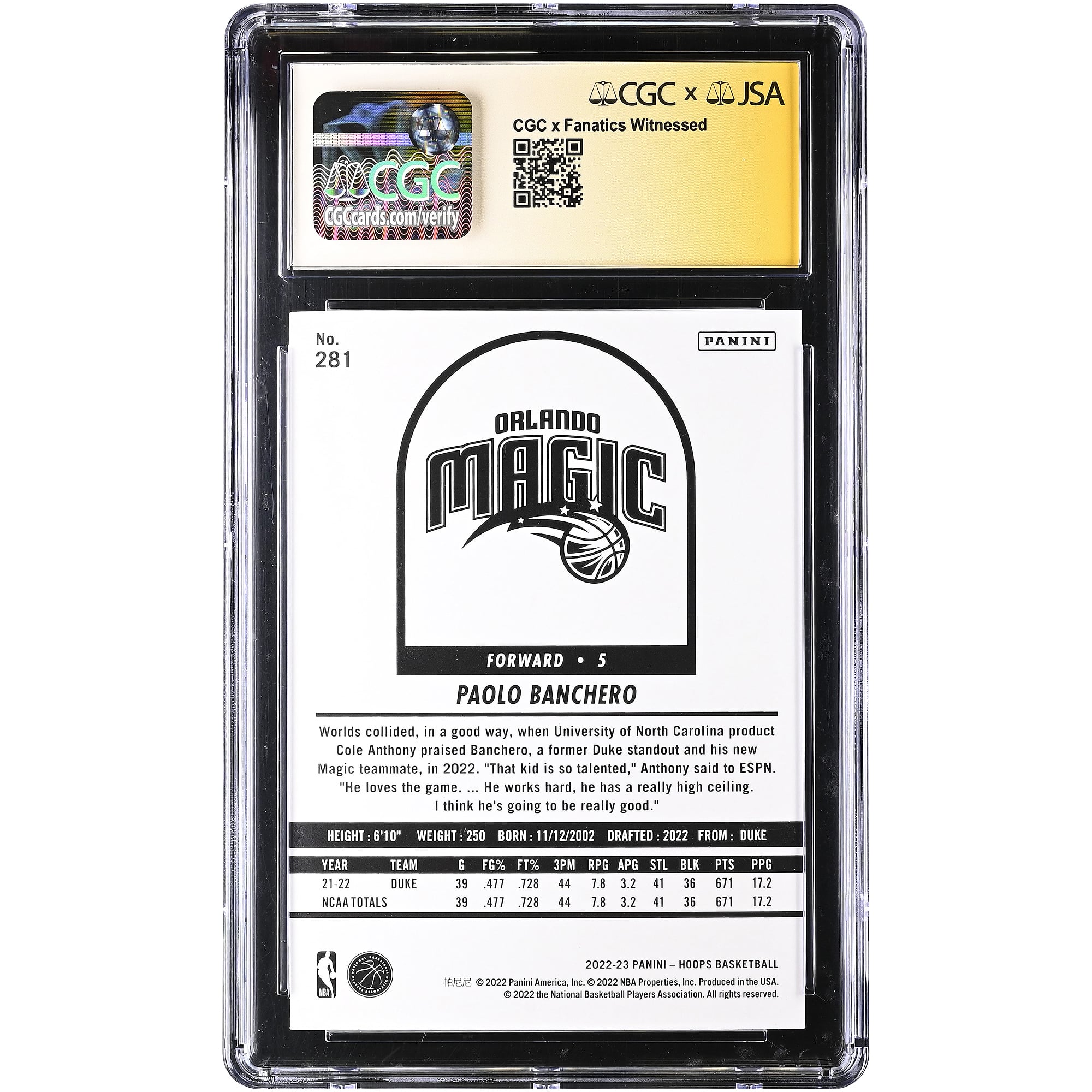 Paolo Banchero Orlando Magic Autographed 2022-23 Panini Hoops #281 CGC Authenticated Auto 10 Rookie Card