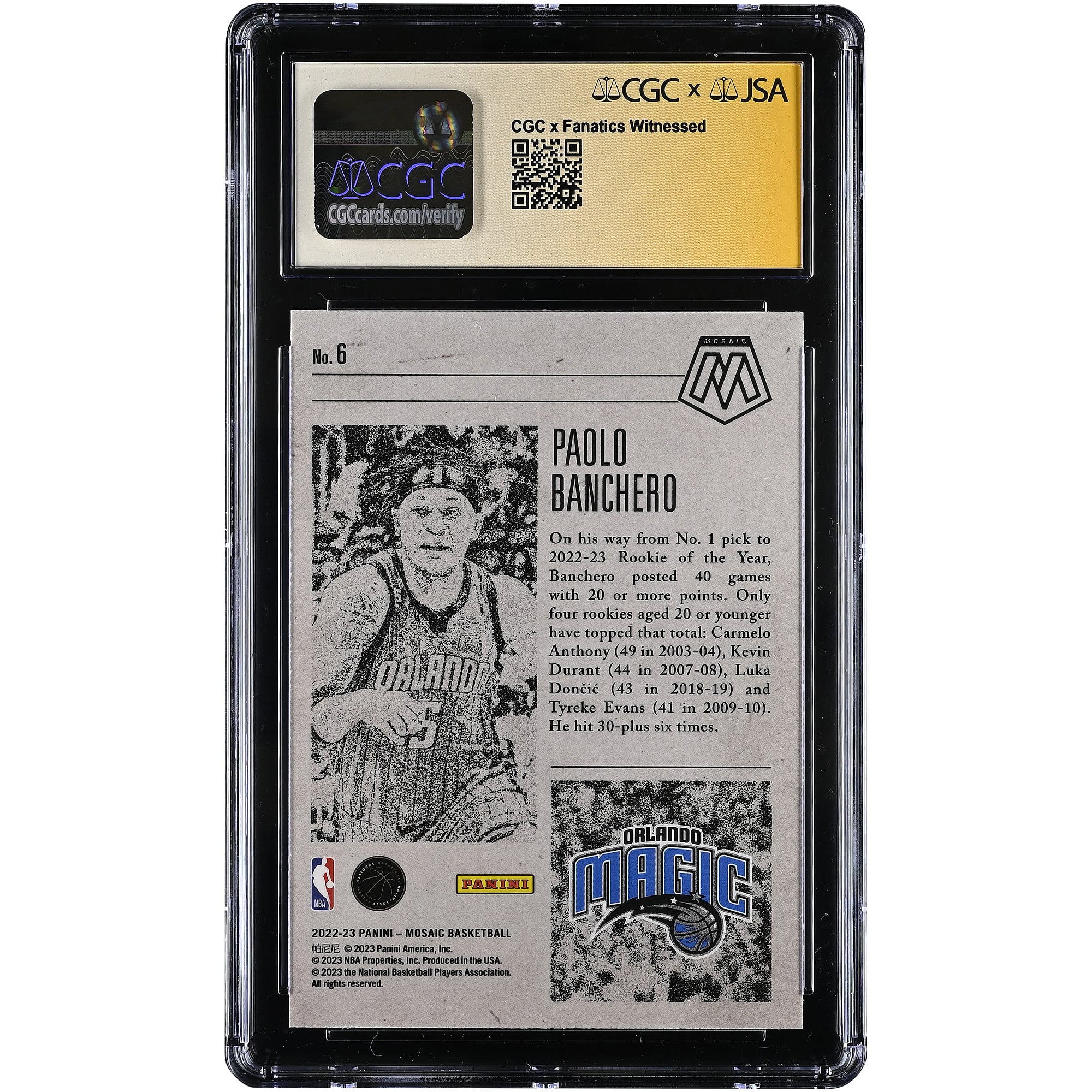 Paolo Banchero Orlando Magic Autographed 2022-23 Panini Mosaic Notoriety #6 CGC Authenticated 9.5/10 Rookie Card