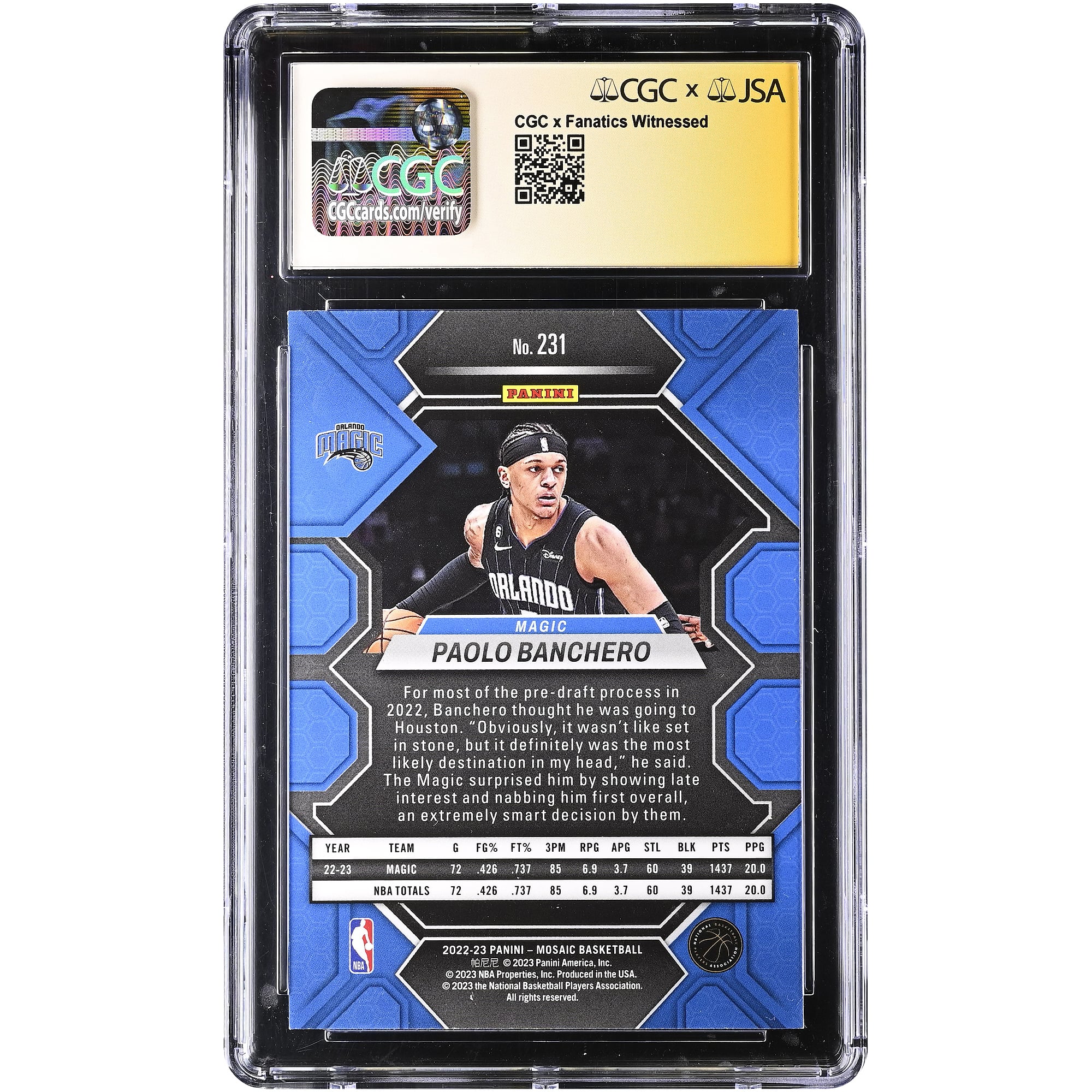 Paolo Banchero Orlando Magic Autographed 2022-23 Panini Mosaic #231 CGC Authenticated Auto 10 Rookie Card