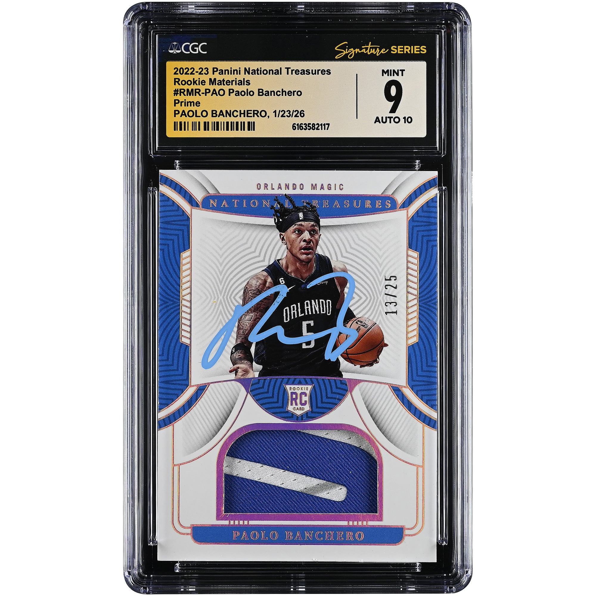 Paolo Banchero Orlando Magic Autographed 2022-23 Panini National Treasures Rookie Materials Relic Prime #RMR-PAO #/25 CGC Authenticated 9/10 Rookie Card