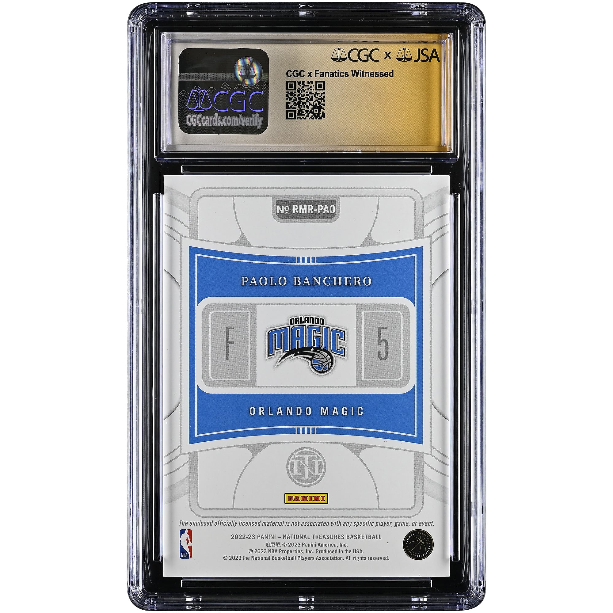 Paolo Banchero Orlando Magic Autographed 2022-23 Panini National Treasures Rookie Materials Relic Prime #RMR-PAO #/25 CGC Authenticated 9/10 Rookie Card