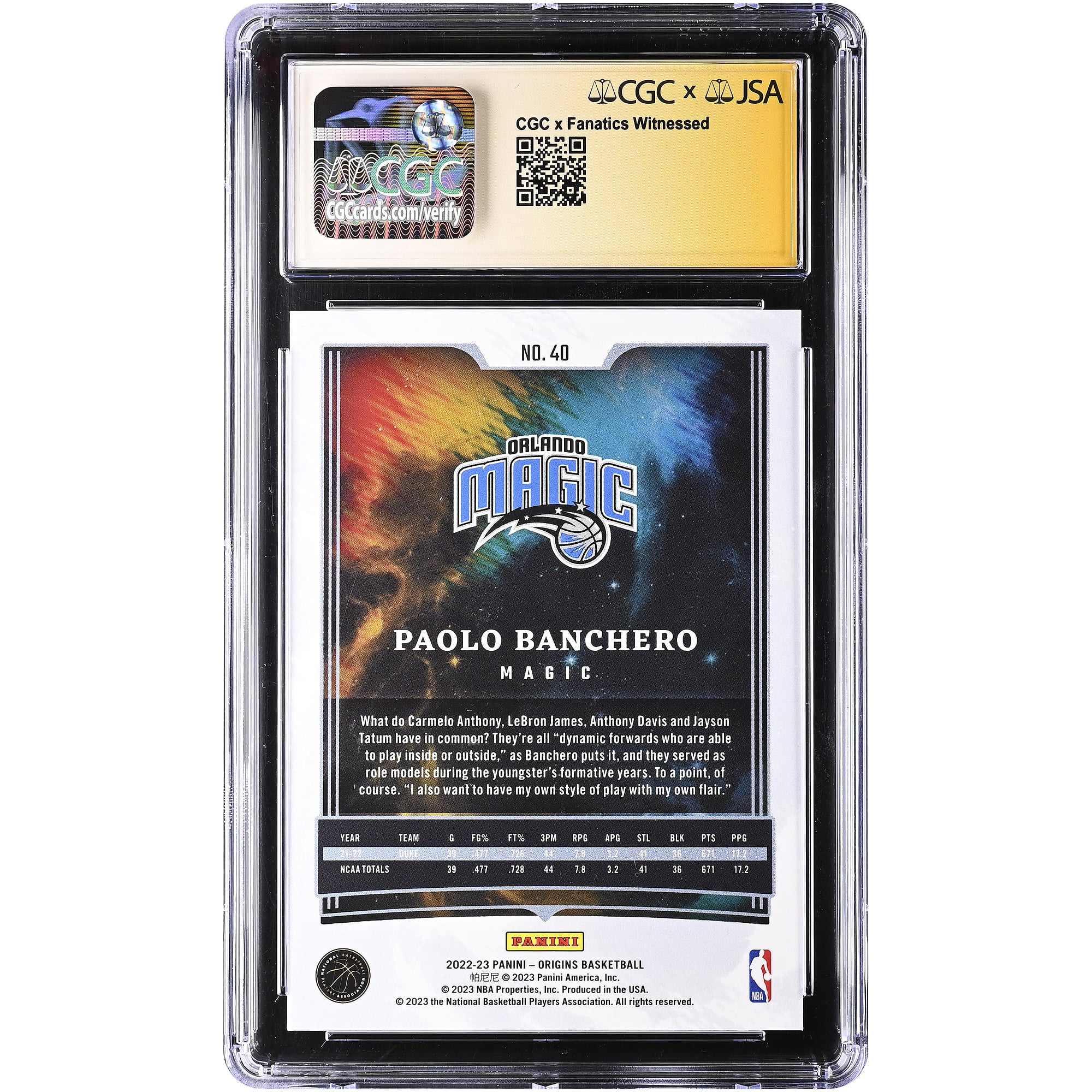 Paolo Banchero Orlando Magic Autographed 2022-23 Panini Origins #40 CGC Authenticated Auto 10 Rookie Card
