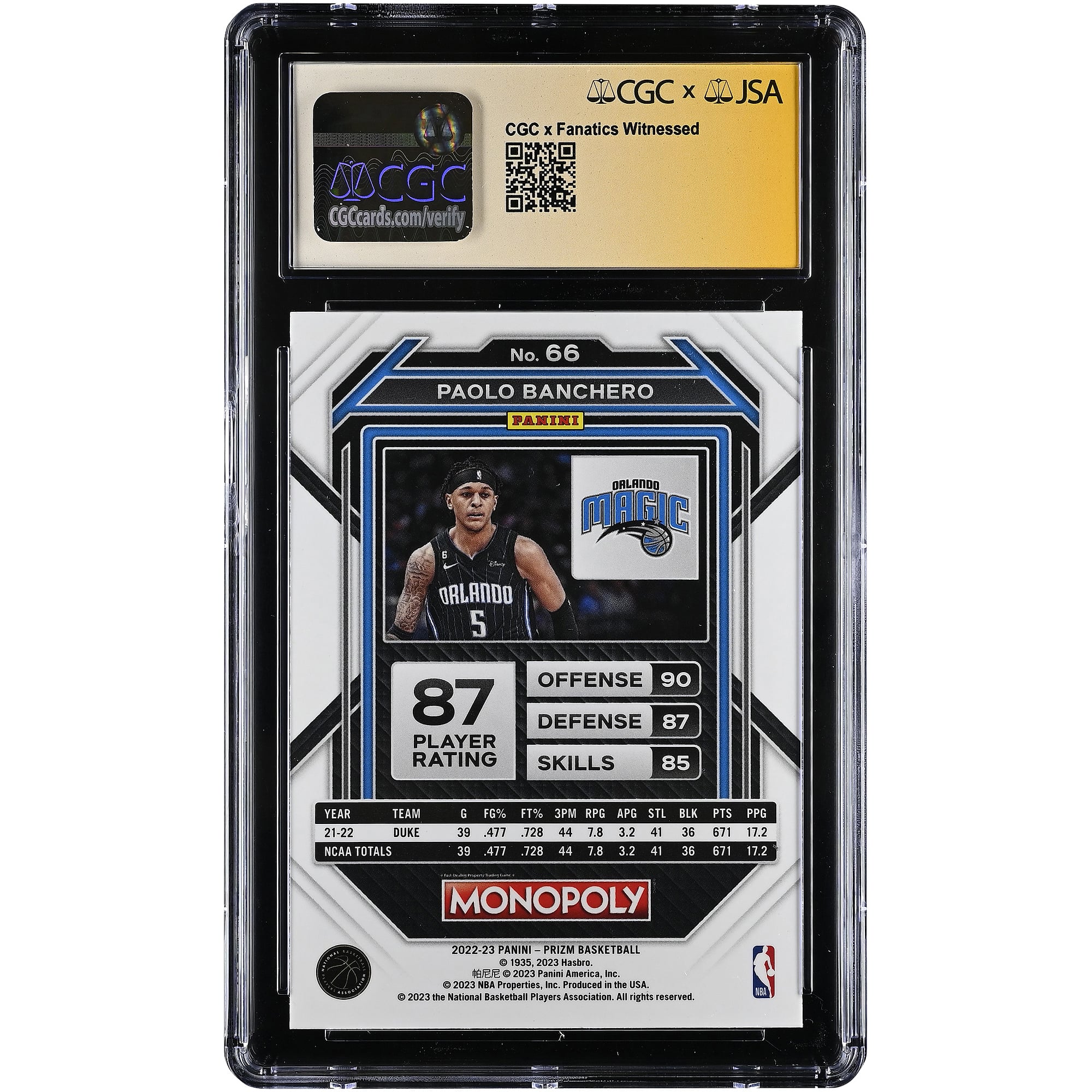 Paolo Banchero Orlando Magic Autographed 2022-23 Panini Prizm Monopoly #66 CGC Authenticated /10 Rookie Card