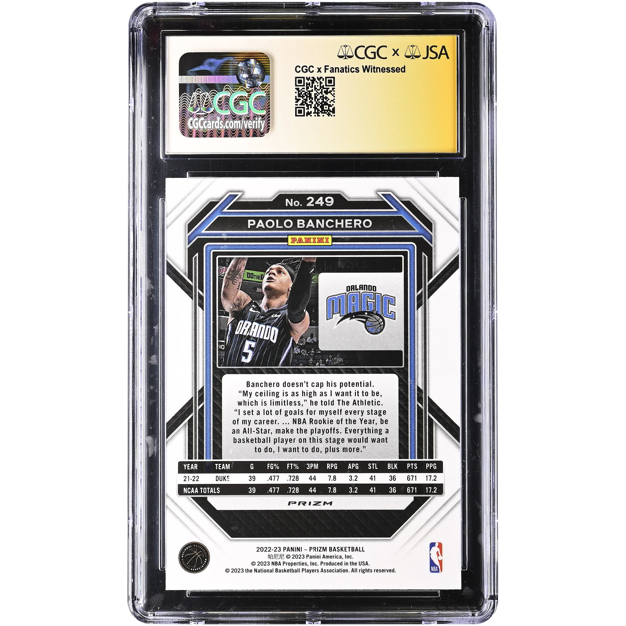 Paolo Banchero Orlando Magic Autographed 2022-23 Panini Prizm Silver #249 CGC Authenticated Auto 10 Rookie Card