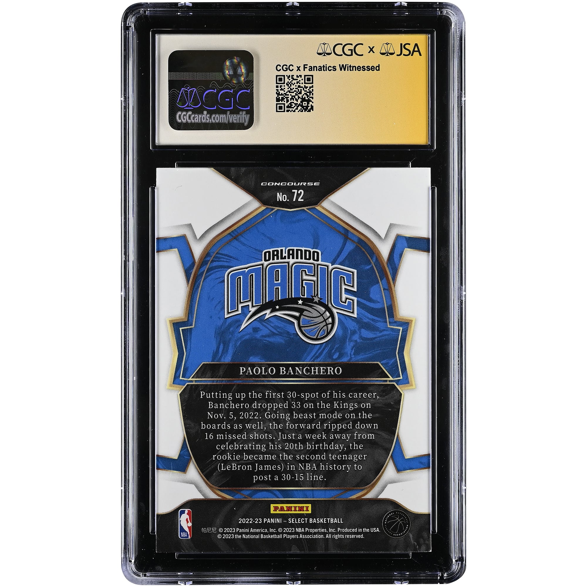 Paolo Banchero Orlando Magic Autographed 2022-23 Panini Select #72 CGC Authenticated 9/10 Rookie Card