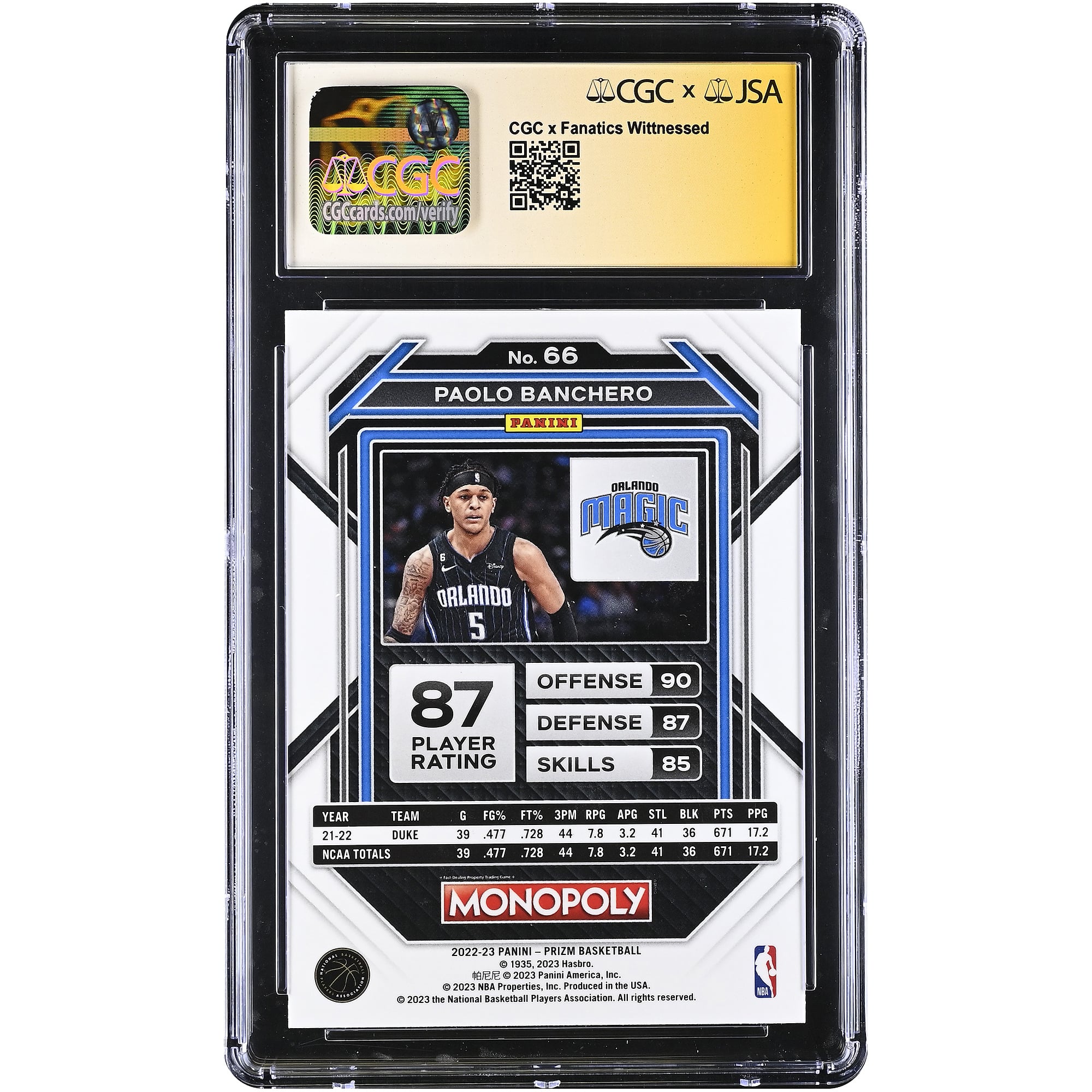 Paolo Banchero Orlando Magic Autographed 2022-23 Prizm Monopoly #66 CGC Authenticated 10/10 Rookie Card