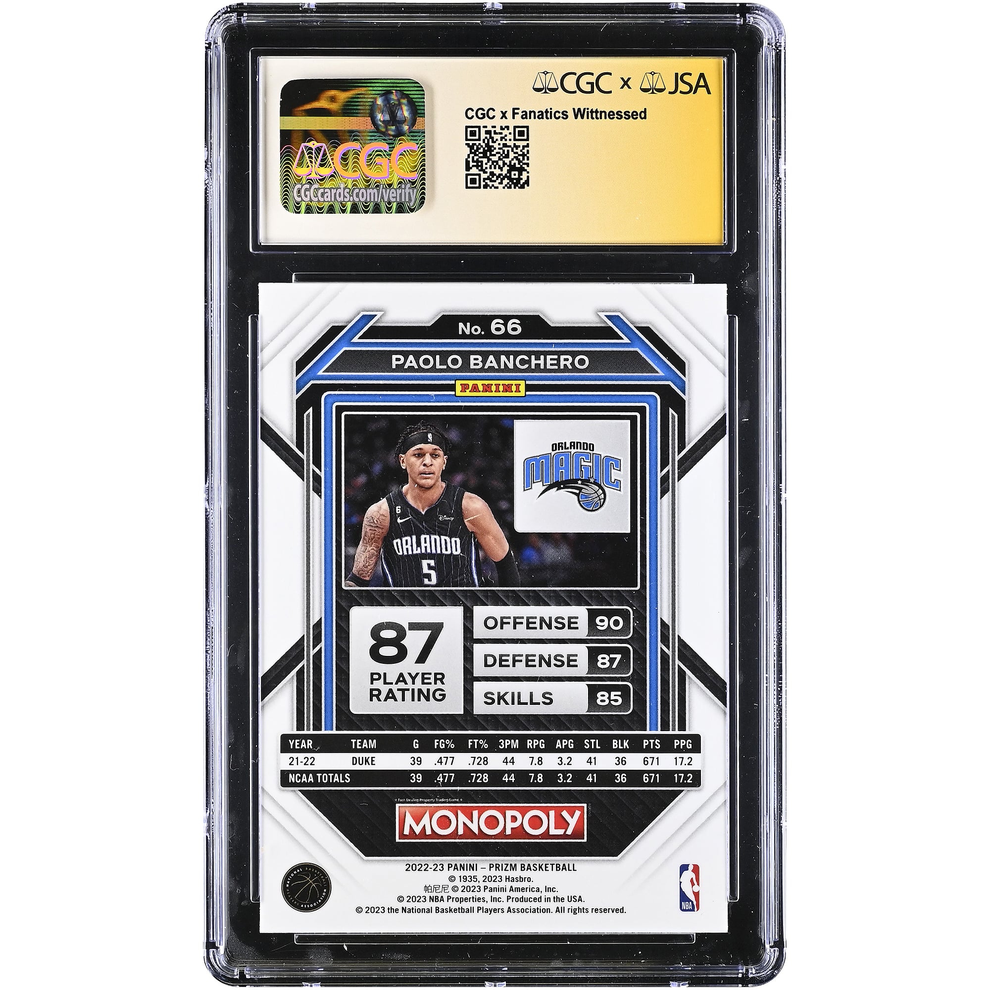 Paolo Banchero Orlando Magic Autographed 2022-23 Prizm Monopoly #66 CGC Authenticated GEM MINT 10 Rookie Card