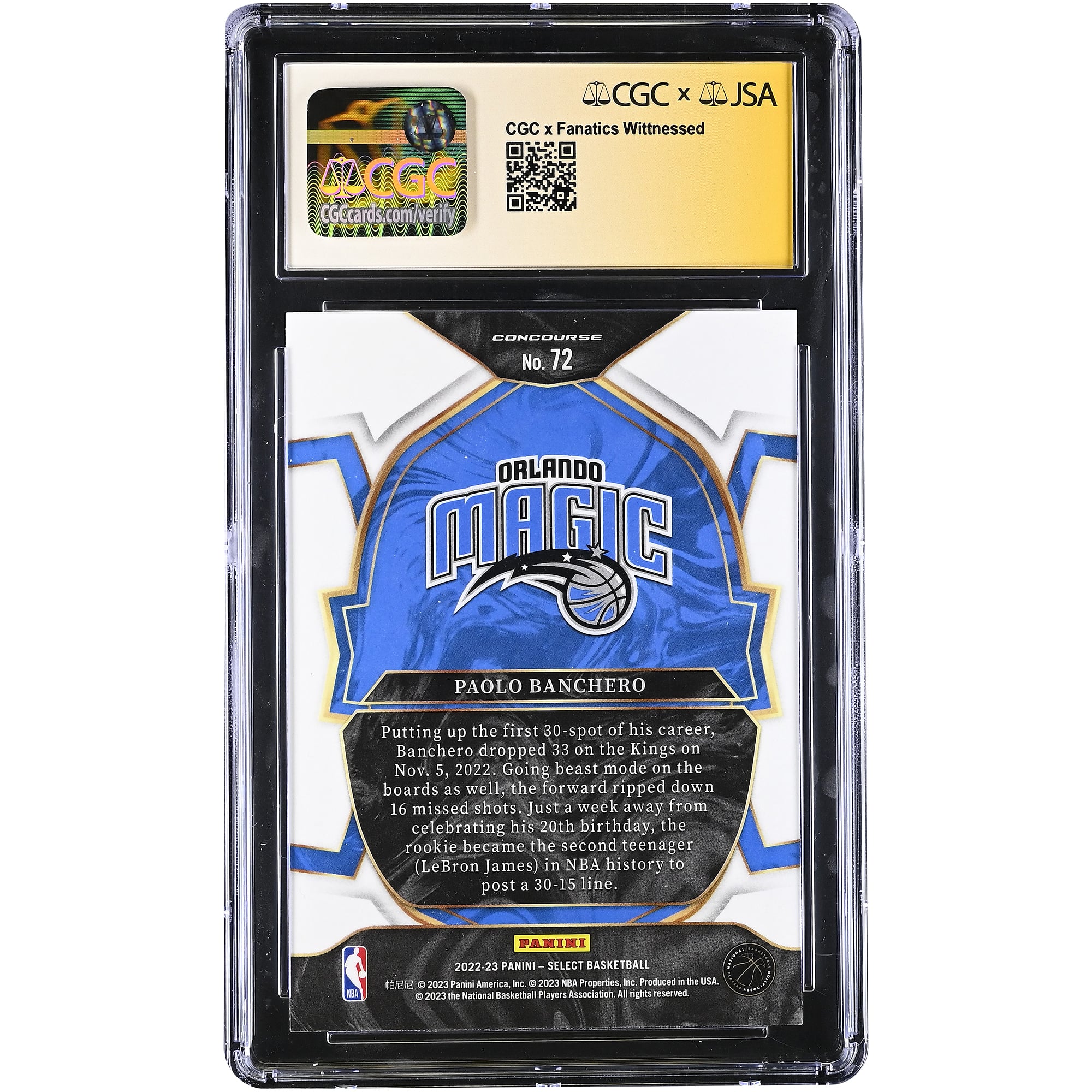 Paolo Banchero Orlando Magic Autographed 2022-23 Select #72 CGC Authenticated GEM MINT 10 Rookie Card