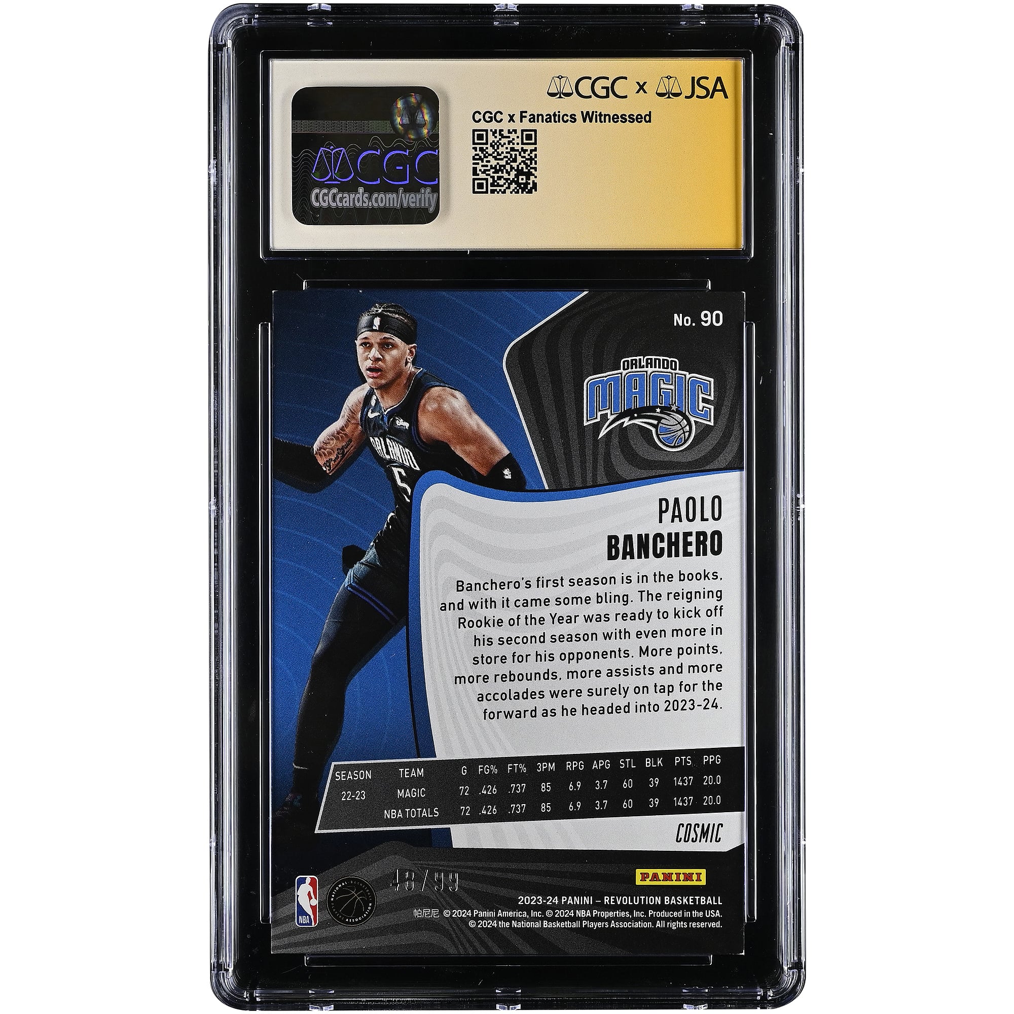 Paolo Banchero Orlando Magic Autographed 2023-24 Panini Revolution Cosmic #90 #/99 CGC Authenticated Mint 9 Card