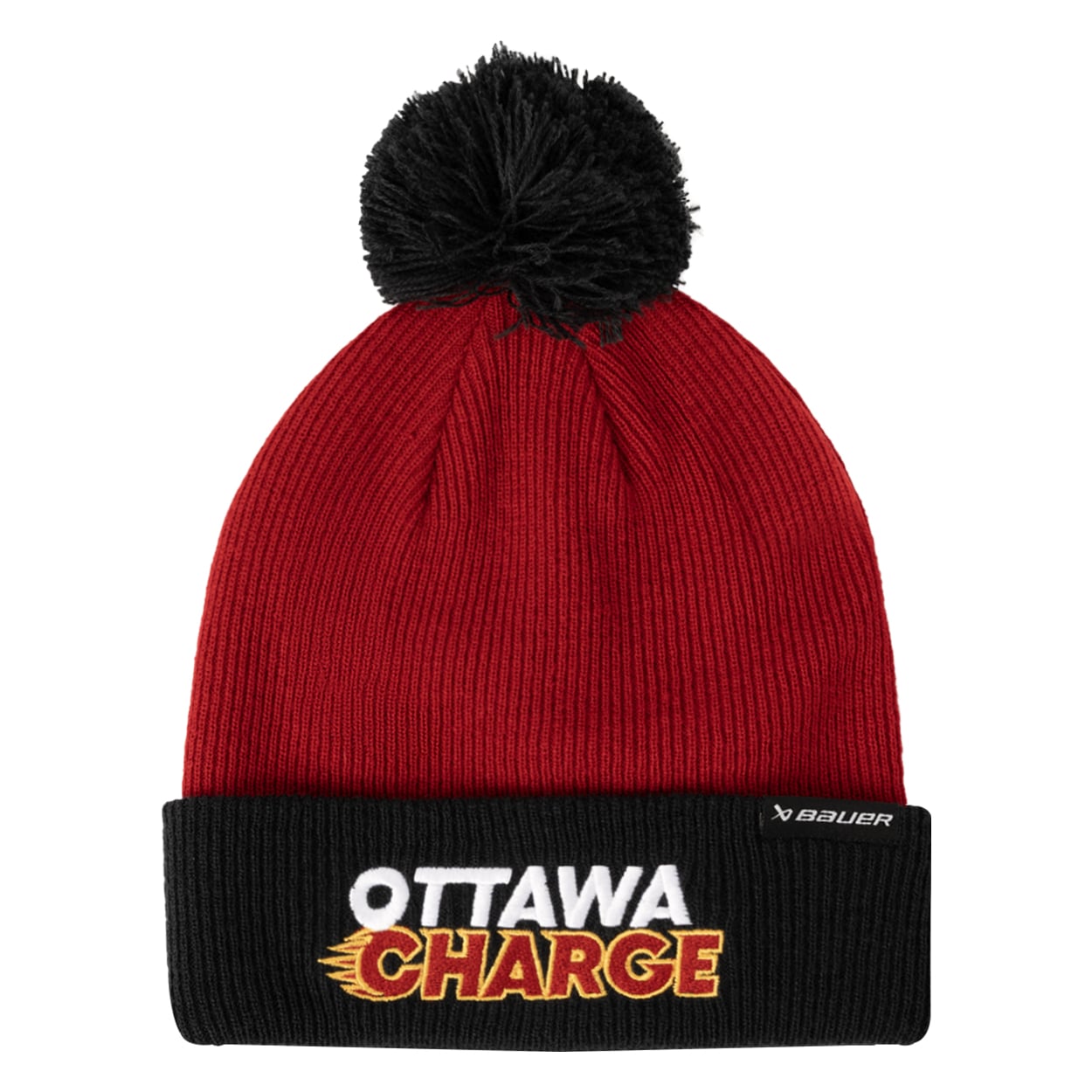 Bonnet unisexe en tricot bicolore rouge/noir Ottawa Charge avec revers et pompon