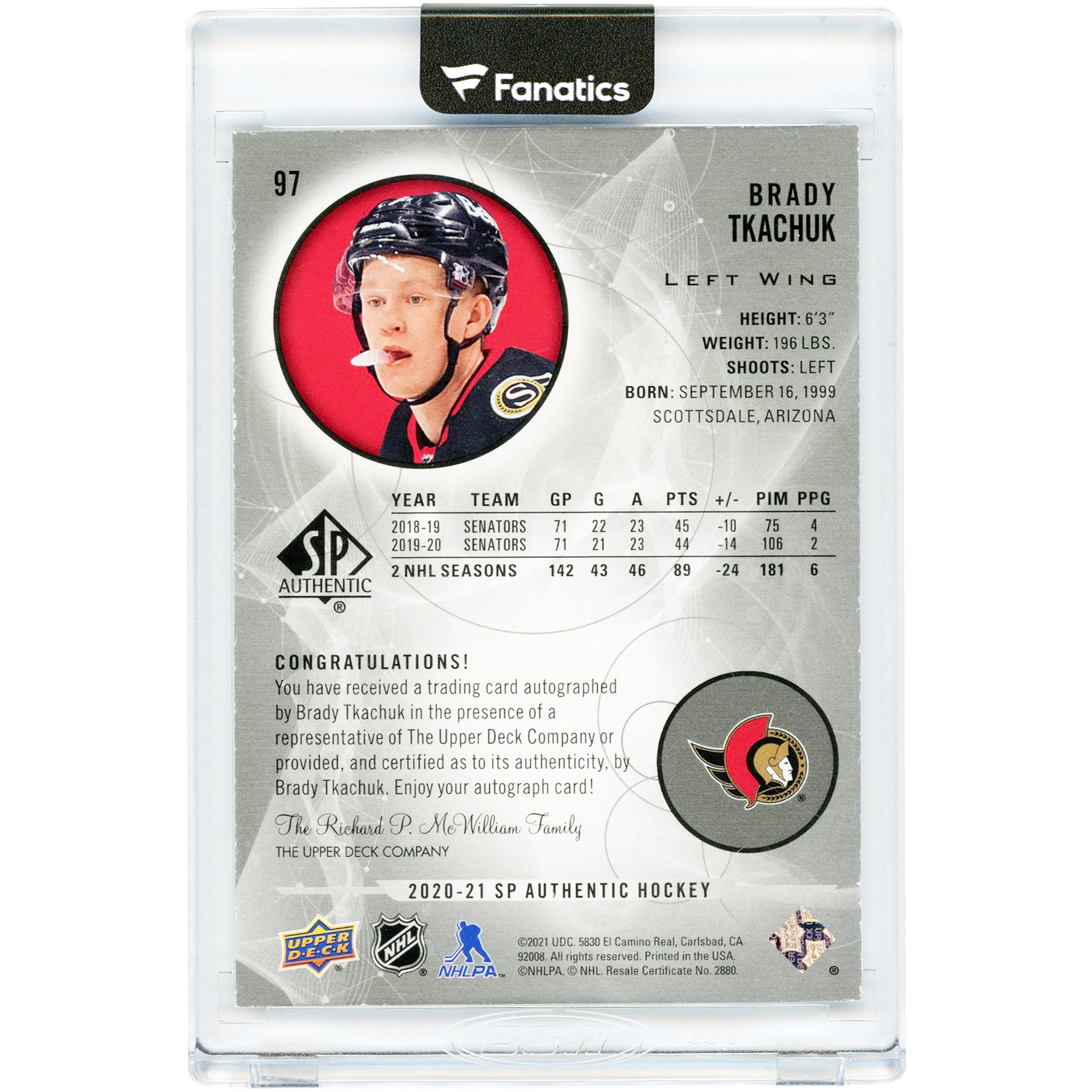 Carte autographiée Brady Tkachuk des Sénateurs d'Ottawa 2020-21 Upper Deck SP Authentic Black Gold Ink n° 97