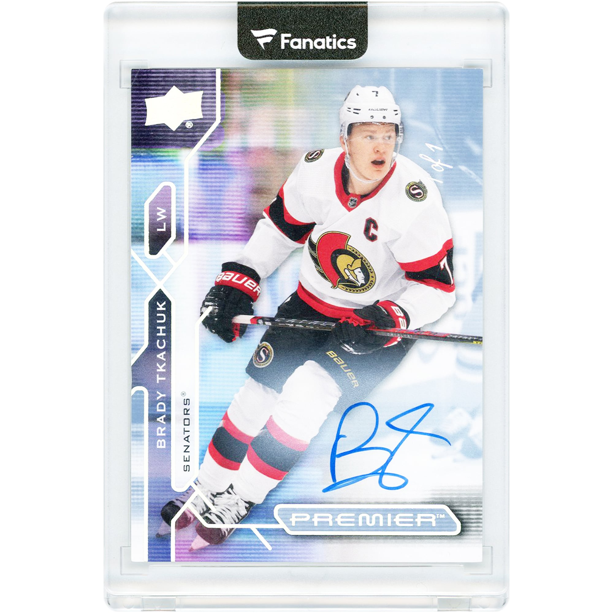 Carte autographiée de Brady Tkachuk, Sénateurs d'Ottawa, saison 2021-2022, Upper Deck Premier n° 7, numéro 1/1