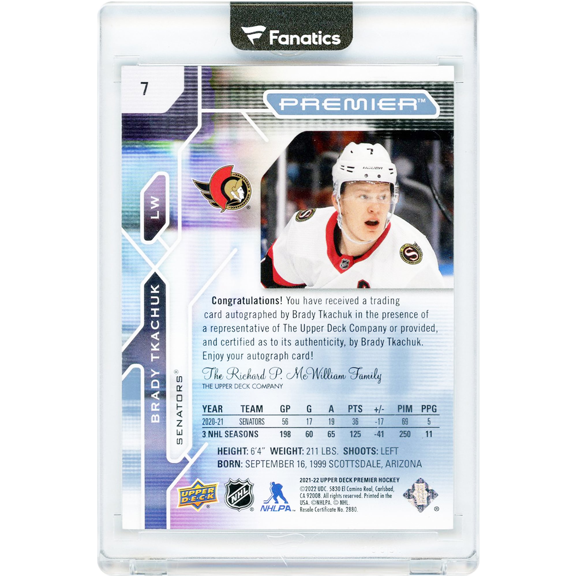 Carte autographiée de Brady Tkachuk, Sénateurs d'Ottawa, saison 2021-2022, Upper Deck Premier n° 7, numéro 1/1