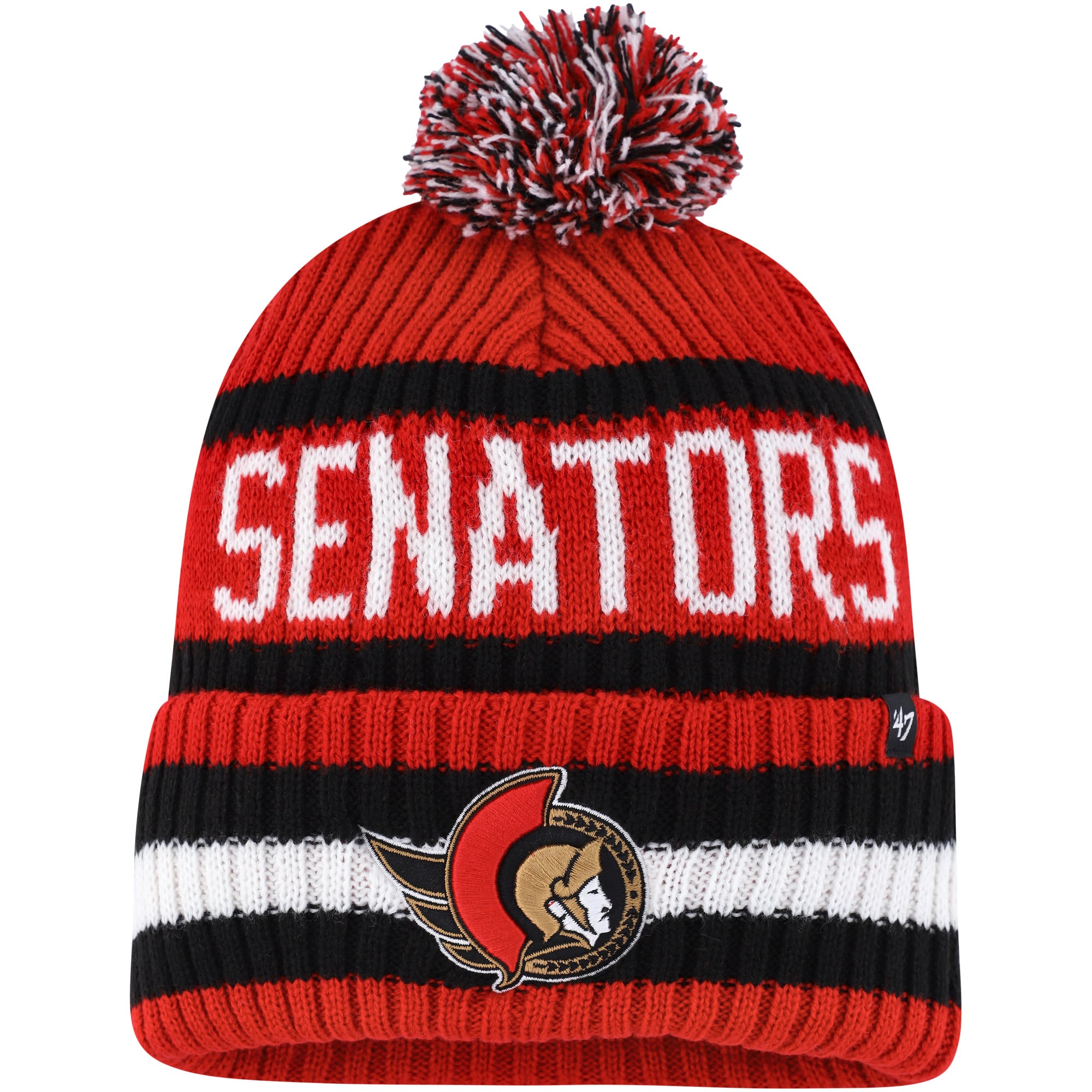Bonnet en tricot à revers Bering des Sénateurs d'Ottawa '47 rouge/noir pour hommes avec pompon
