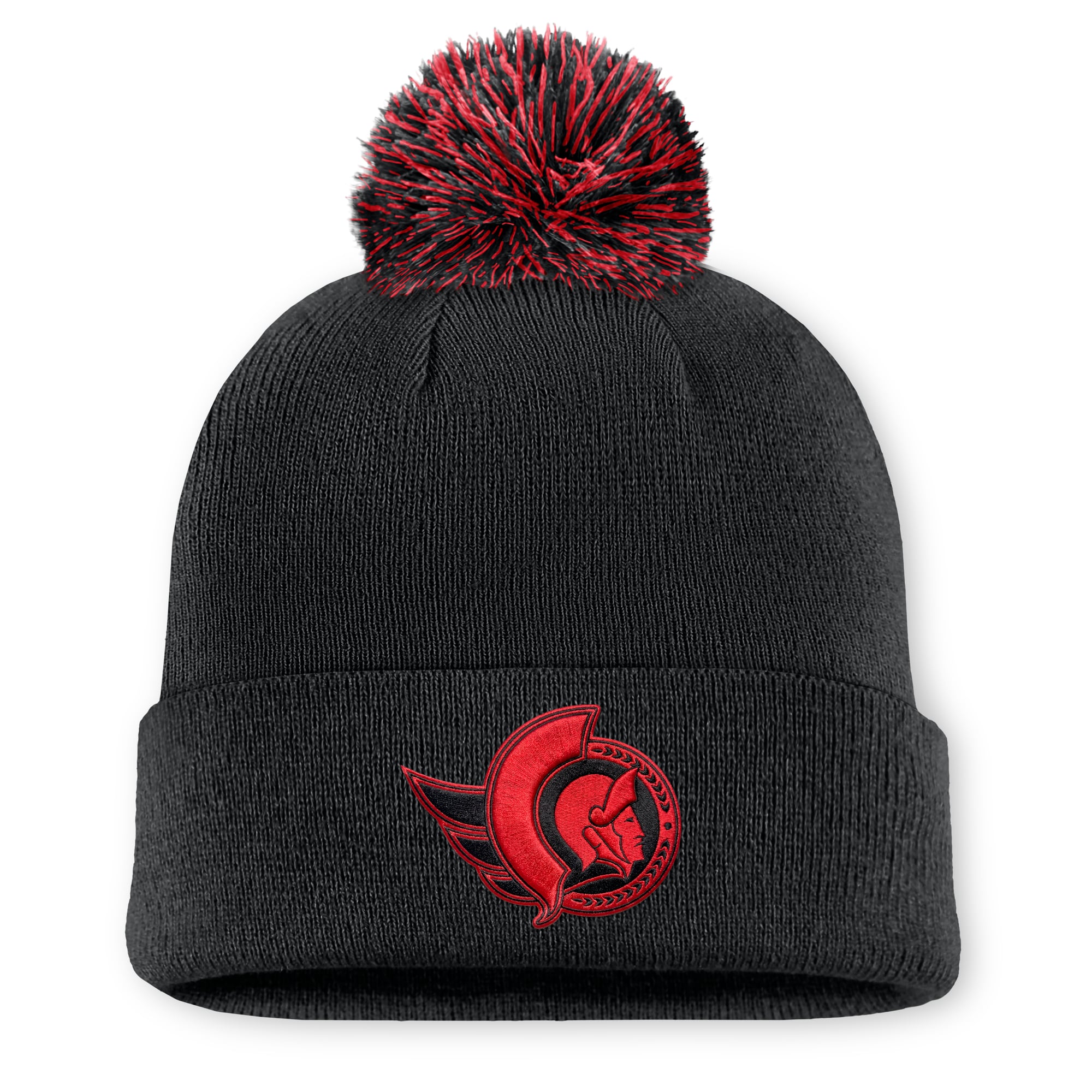 Bonnet tricoté authentique à revers avec pompon, noir, des Sénateurs d'Ottawa (Canada), édition spéciale appréciation militaire, de la marque Fanatics.