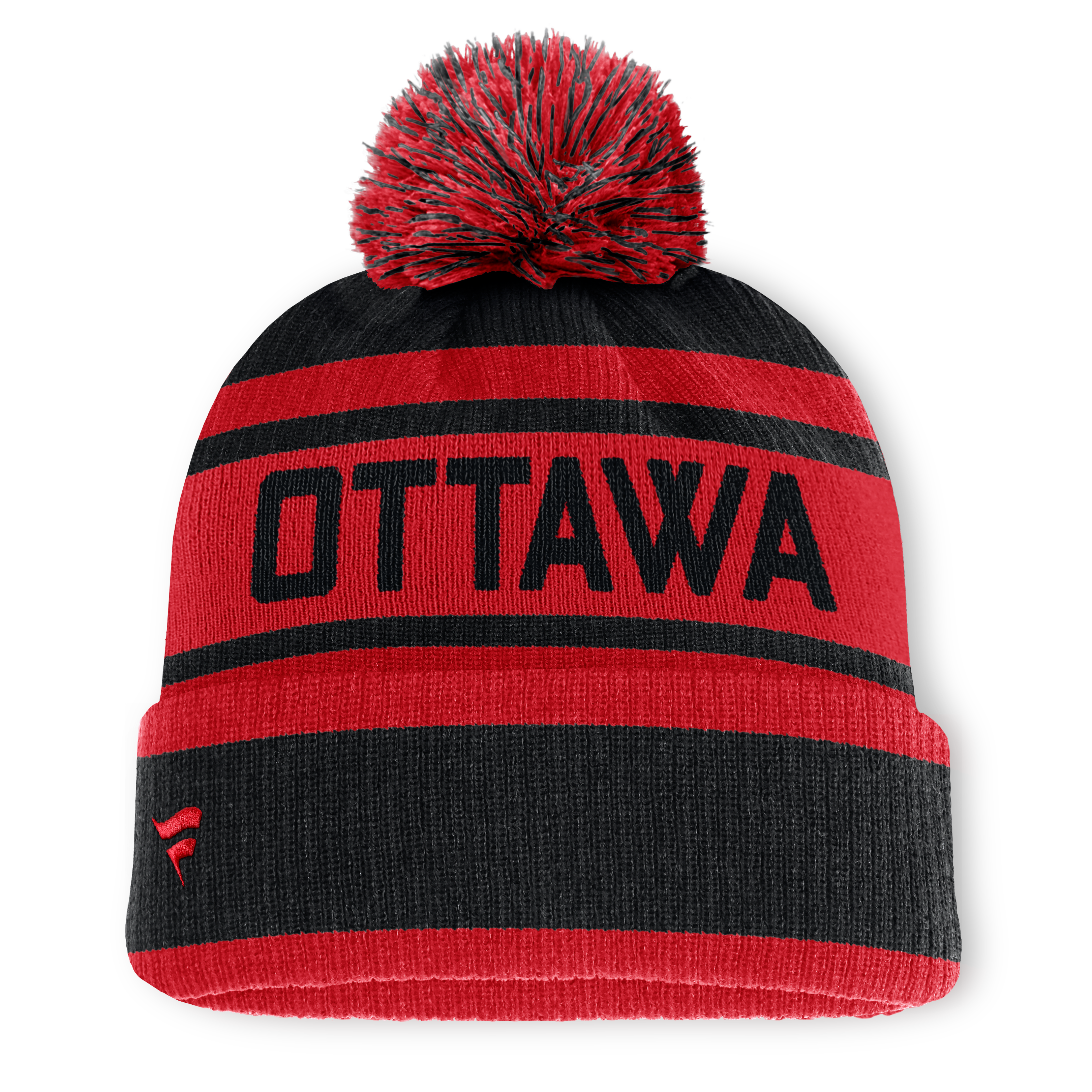 Men's Fanatics Black/Red Ottawa Senators Fundamental Cuffed Knit Hat with Pom
