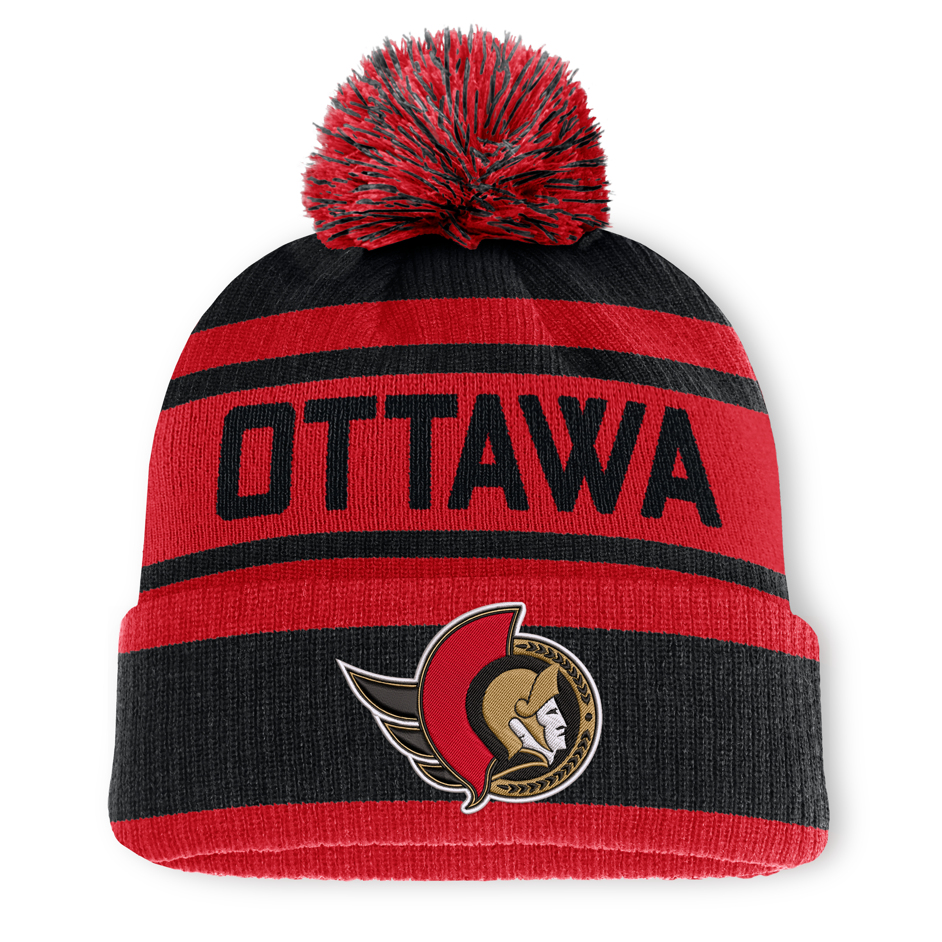 Men's Fanatics Black/Red Ottawa Senators Fundamental Cuffed Knit Hat with Pom
