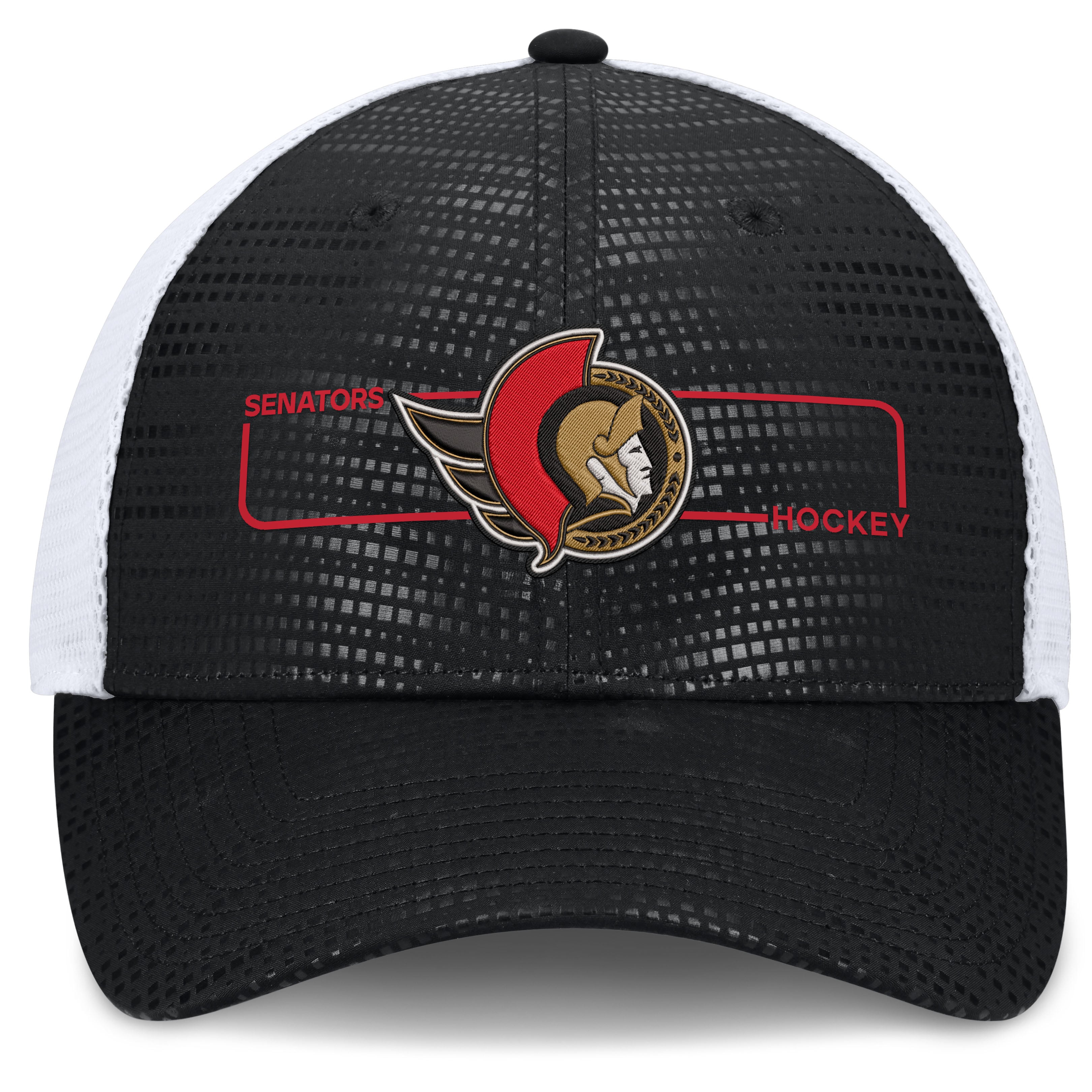 Men's Fanatics Black/White Ottawa Senators Authentic Pro Rink Boxed Logo Trucker Hat