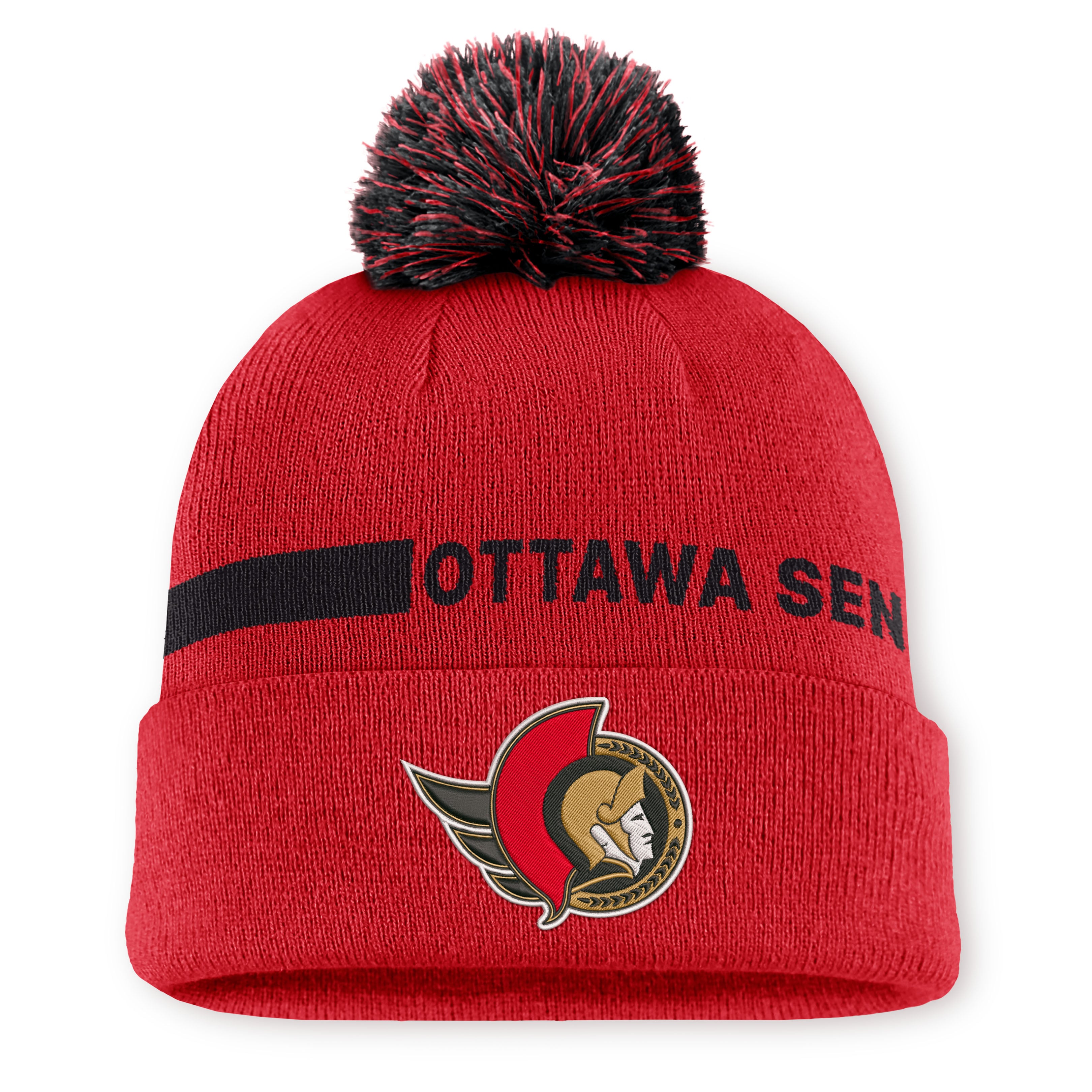 Bonnet tricoté authentique Pro Rink Fanatics rouge Ottawa Senators pour homme avec pompon