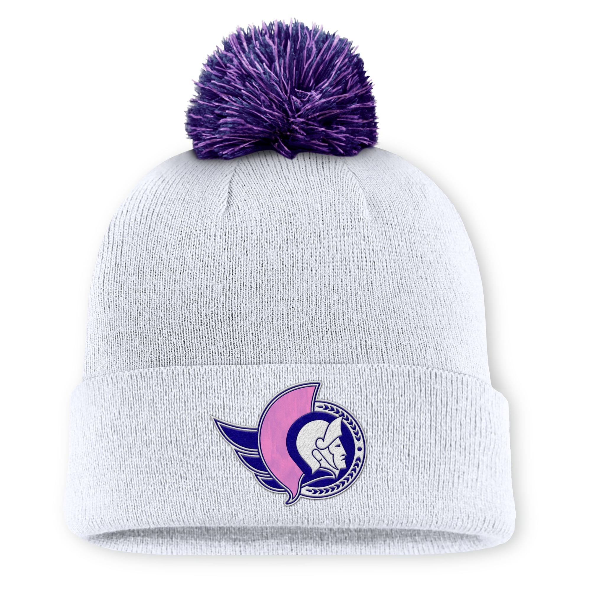 Men's Fanatics  White Ottawa Senators Authentic Pro Hockey Fights Cancer Cuffed Knit Hat with Pom