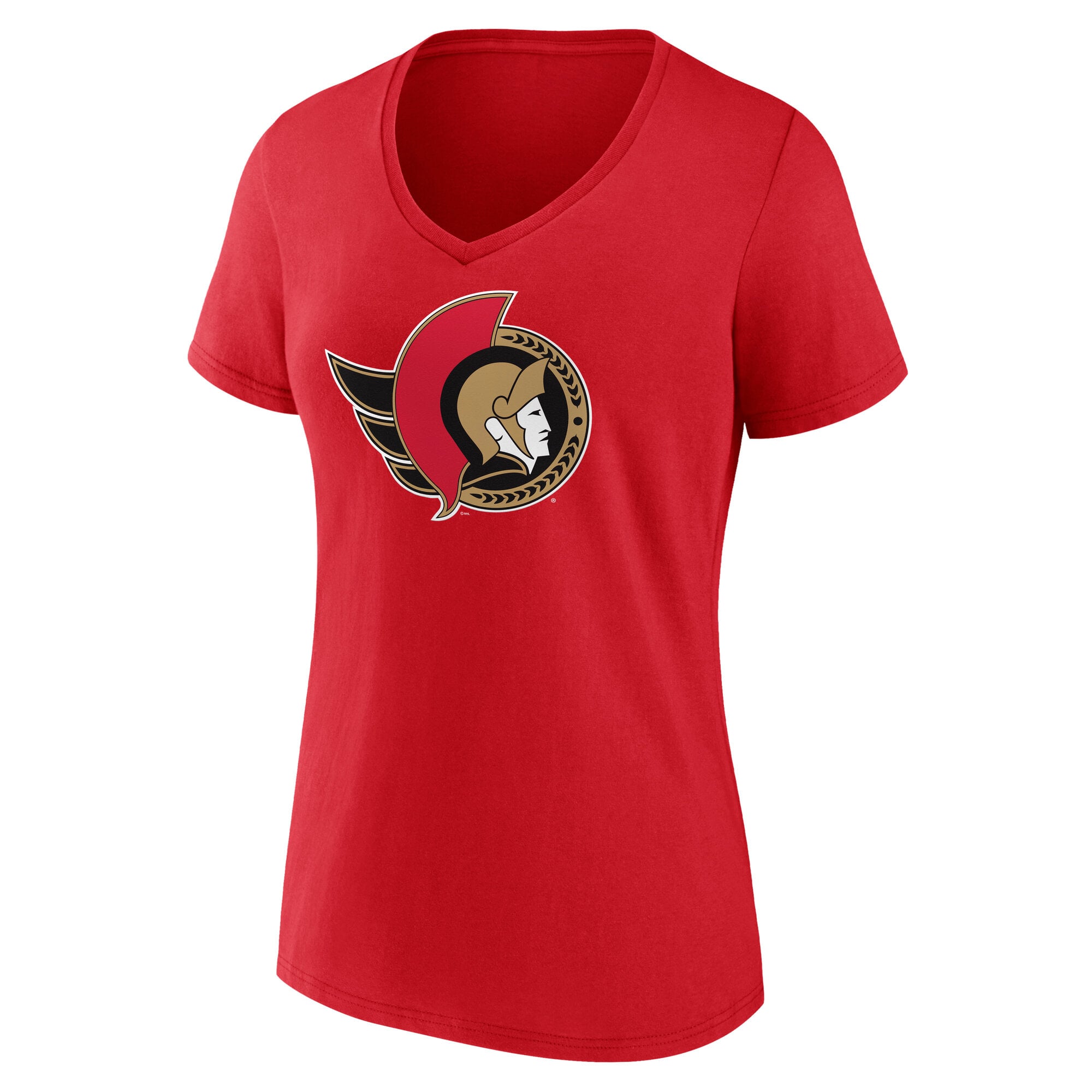 T-shirt à col en V rouge pour femmes avec le logo principal des Sénateurs d'Ottawa