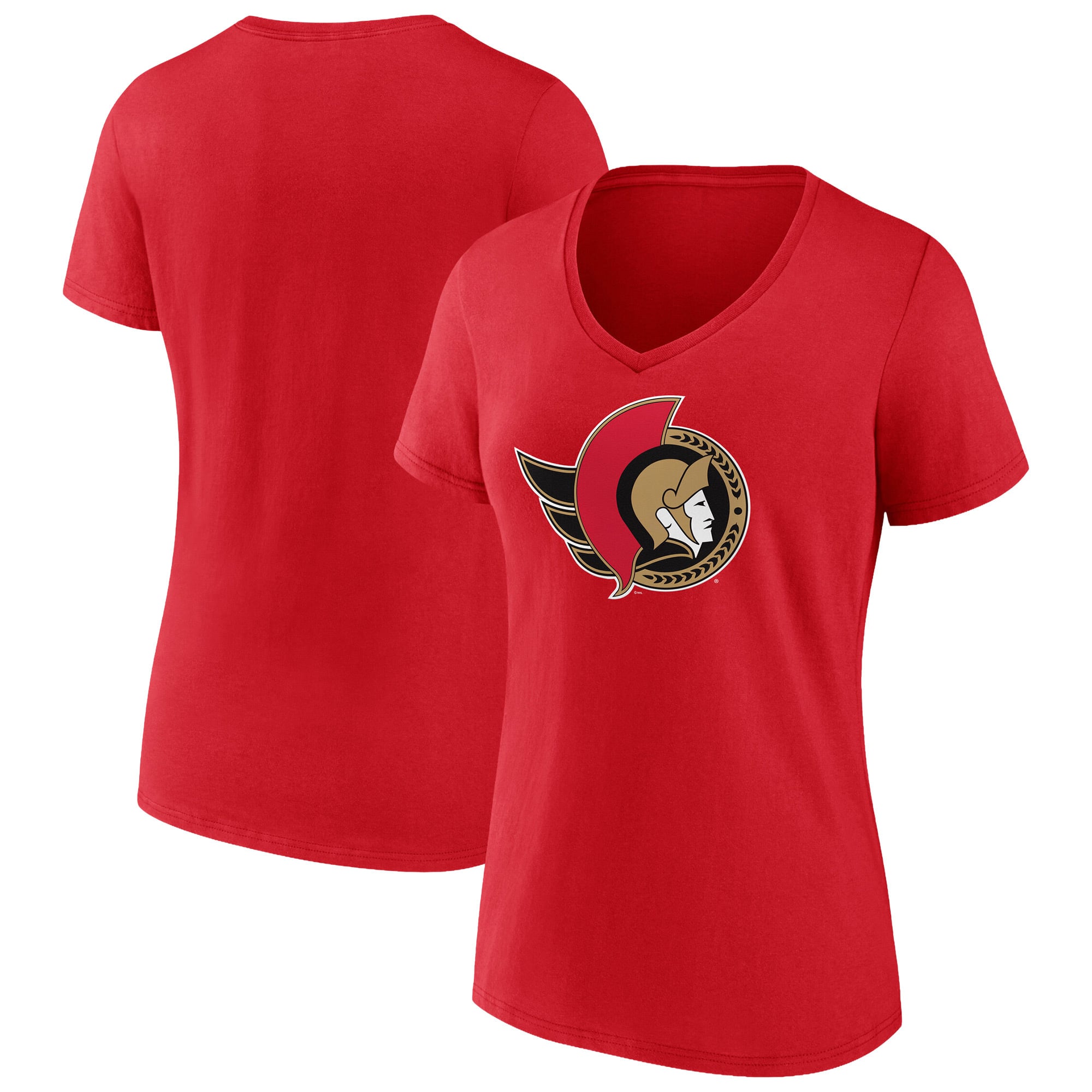 T-shirt à col en V rouge pour femmes avec le logo principal des Sénateurs d'Ottawa