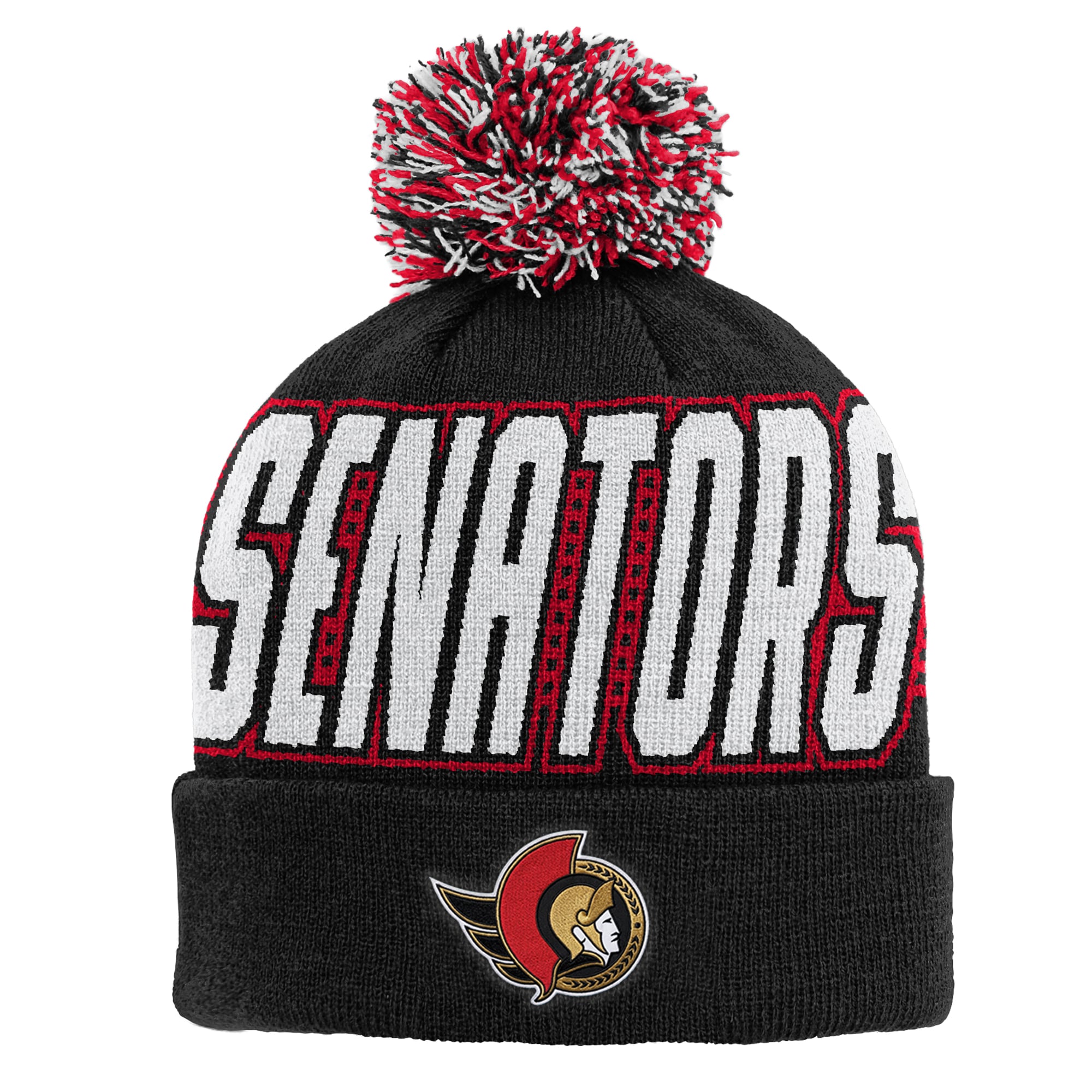 Bonnet tricoté noir à revers avec pompon, modèle Outerstuff Youth, aux couleurs des Sénateurs d'Ottawa