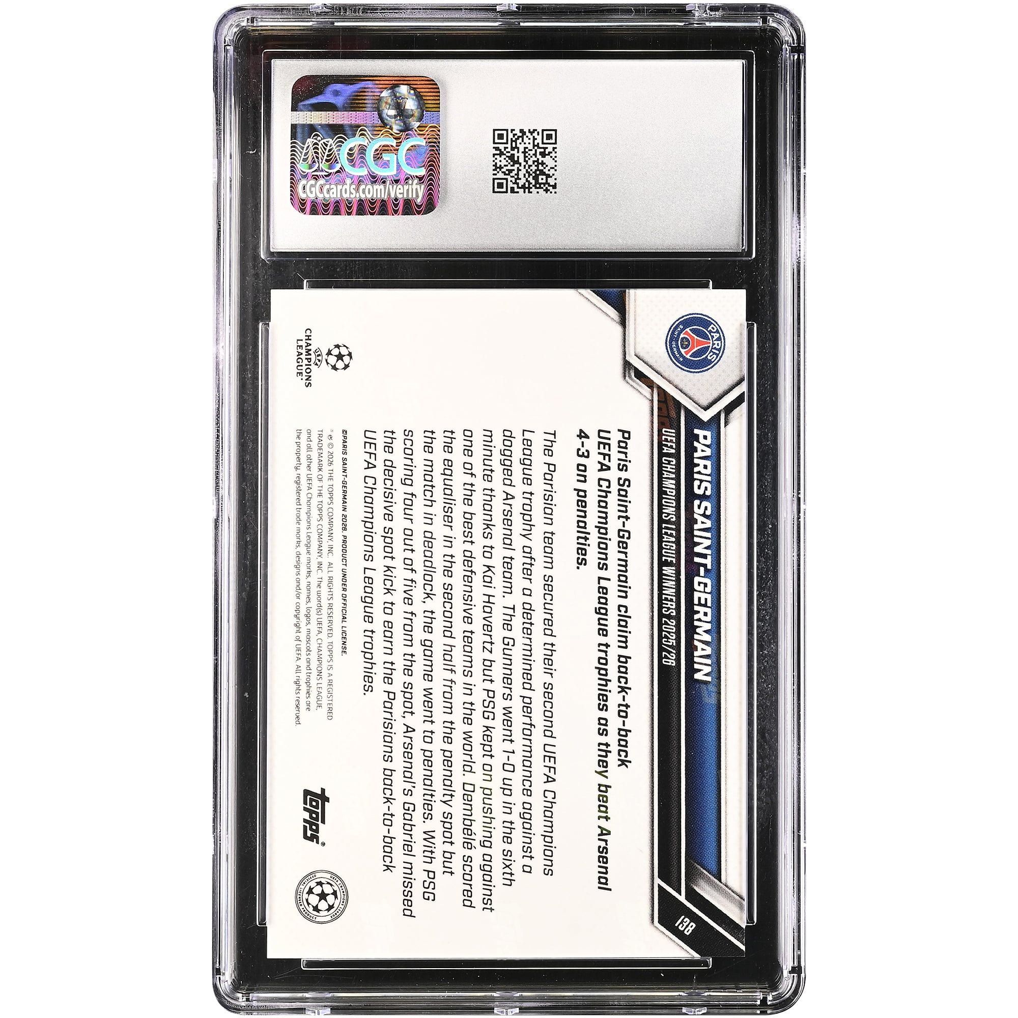 Paris Saint-Germain 2025-26 Topps Now UEFA CL Vainqueurs de la Ligue des Champions UEFA 2025/26 #138 Authentifiée CGC État neuf (GEM MINT 10)