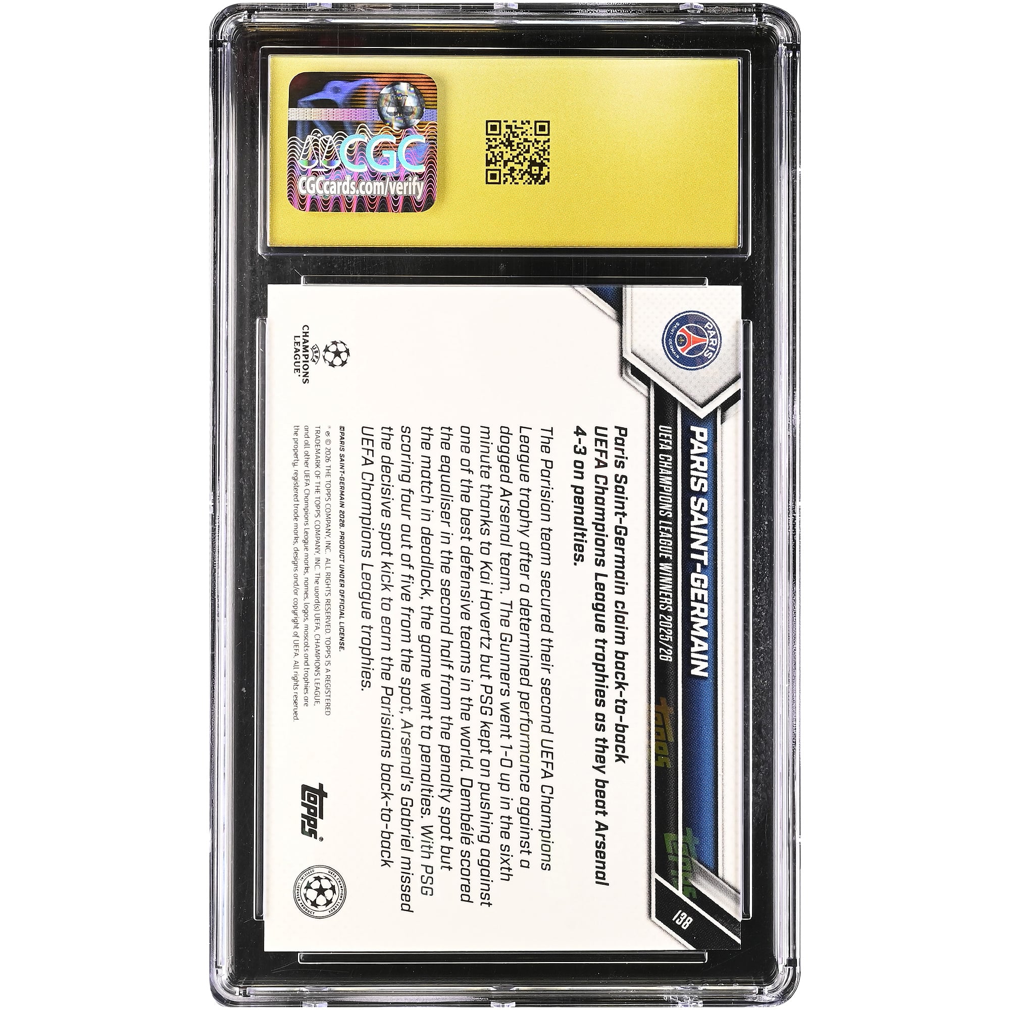 Paris Saint-Germain 2025-26 Topps Now UEFA CL Vainqueurs de la Ligue des Champions 2025/26 #138 Authentifiée CGC État PRISTINE 10