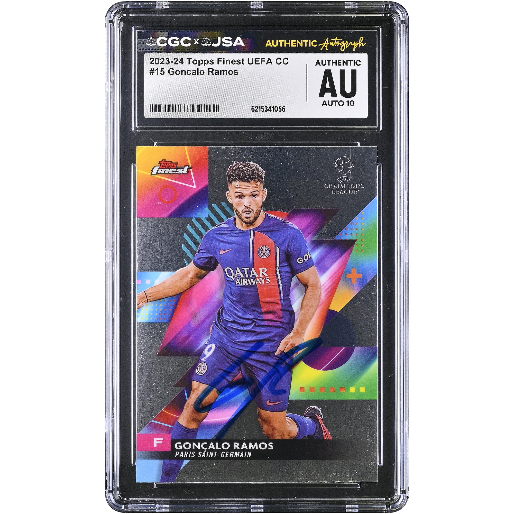 Carte autographiée de Gonçalo Ramos (Paris Saint-Germain) 2023-24 Topps Finest UEFA CC #15, authentifiée CGC AUTO 10