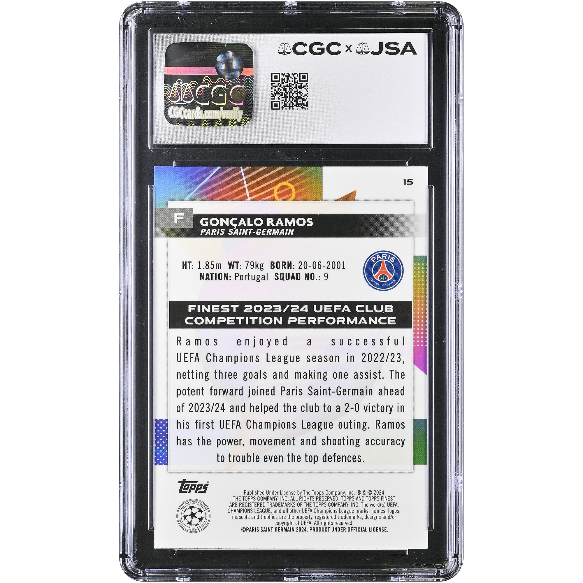 Carte autographiée de Gonçalo Ramos (Paris Saint-Germain) 2023-24 Topps Finest UEFA CC #15, authentifiée CGC AUTO 10