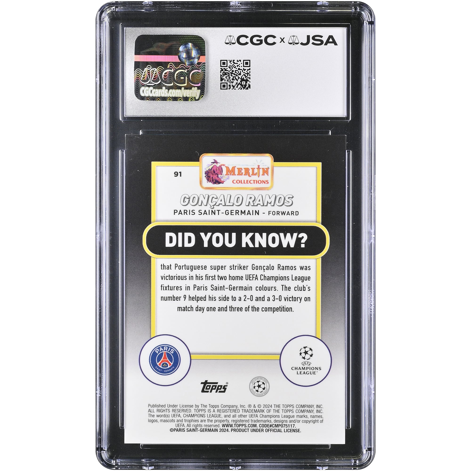 Carte authentifiée CGC 2023-24 Topps Merlin UEFA CC Atomic Refractor n° 91, signée par Gonçalo Ramos (Paris Saint-Germain)