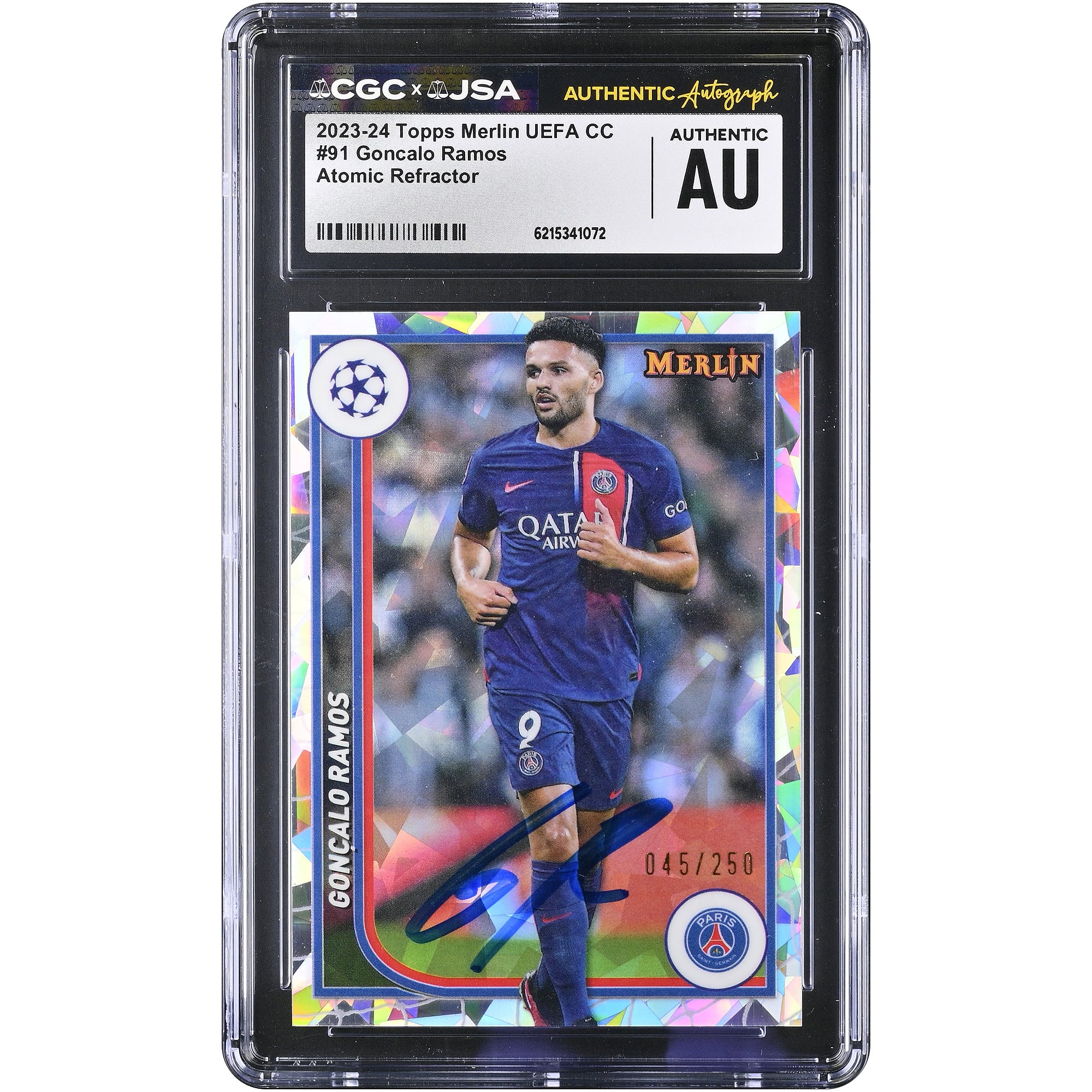 Carte authentifiée CGC 2023-24 Topps Merlin UEFA CC Atomic Refractor n° 91, signée par Gonçalo Ramos (Paris Saint-Germain)
