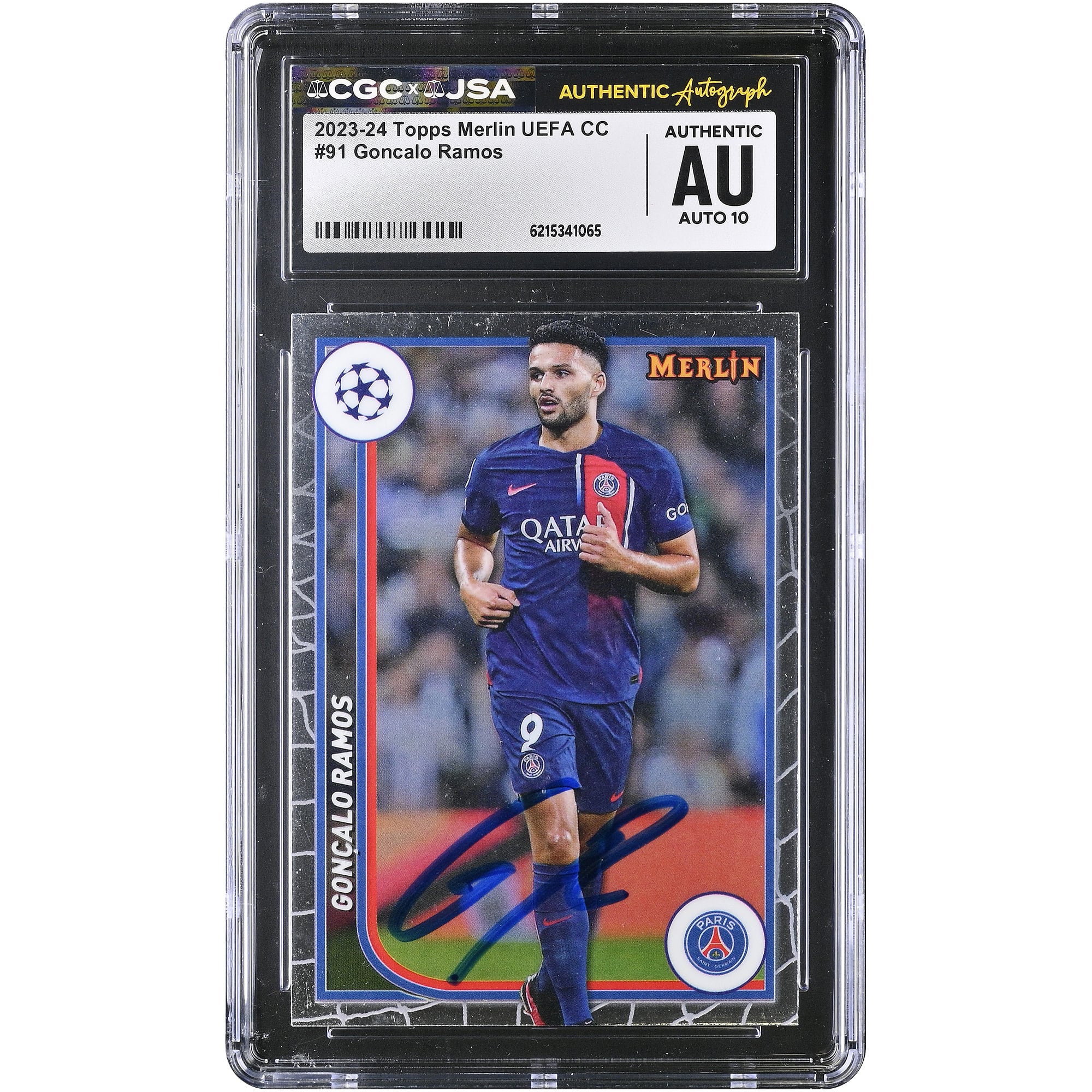 Carte autographiée de Gonçalo Ramos (Paris Saint-Germain) 2023-24 Topps Merlin UEFA CC #91, authentifiée CGC AUTO 10
