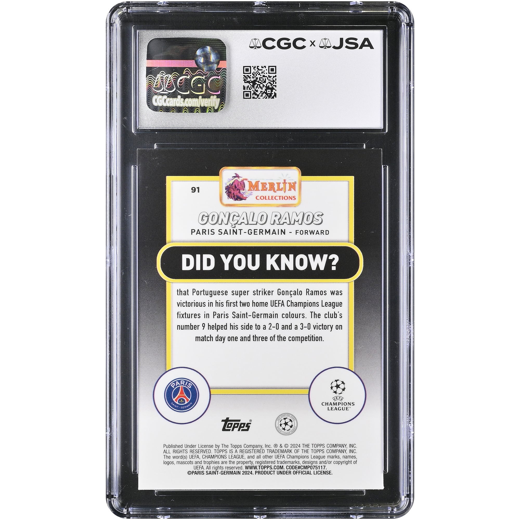 Carte authentifiée CGC 2023-24 Topps Merlin UEFA CC n° 91 de Gonçalo Ramos (Paris Saint-Germain), autographiée par CGC
