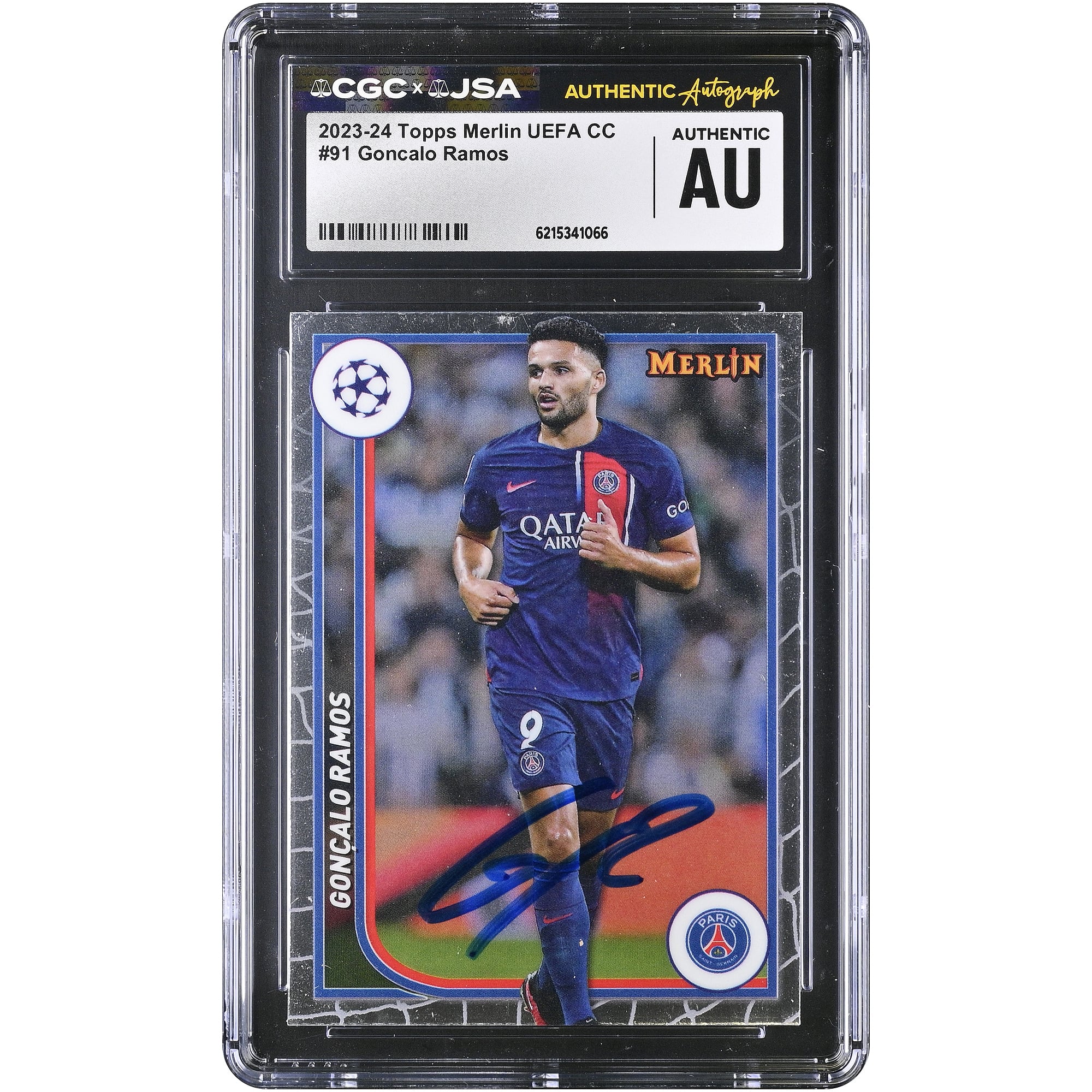 Carte authentifiée CGC 2023-24 Topps Merlin UEFA CC n° 91 de Gonçalo Ramos (Paris Saint-Germain), autographiée par CGC