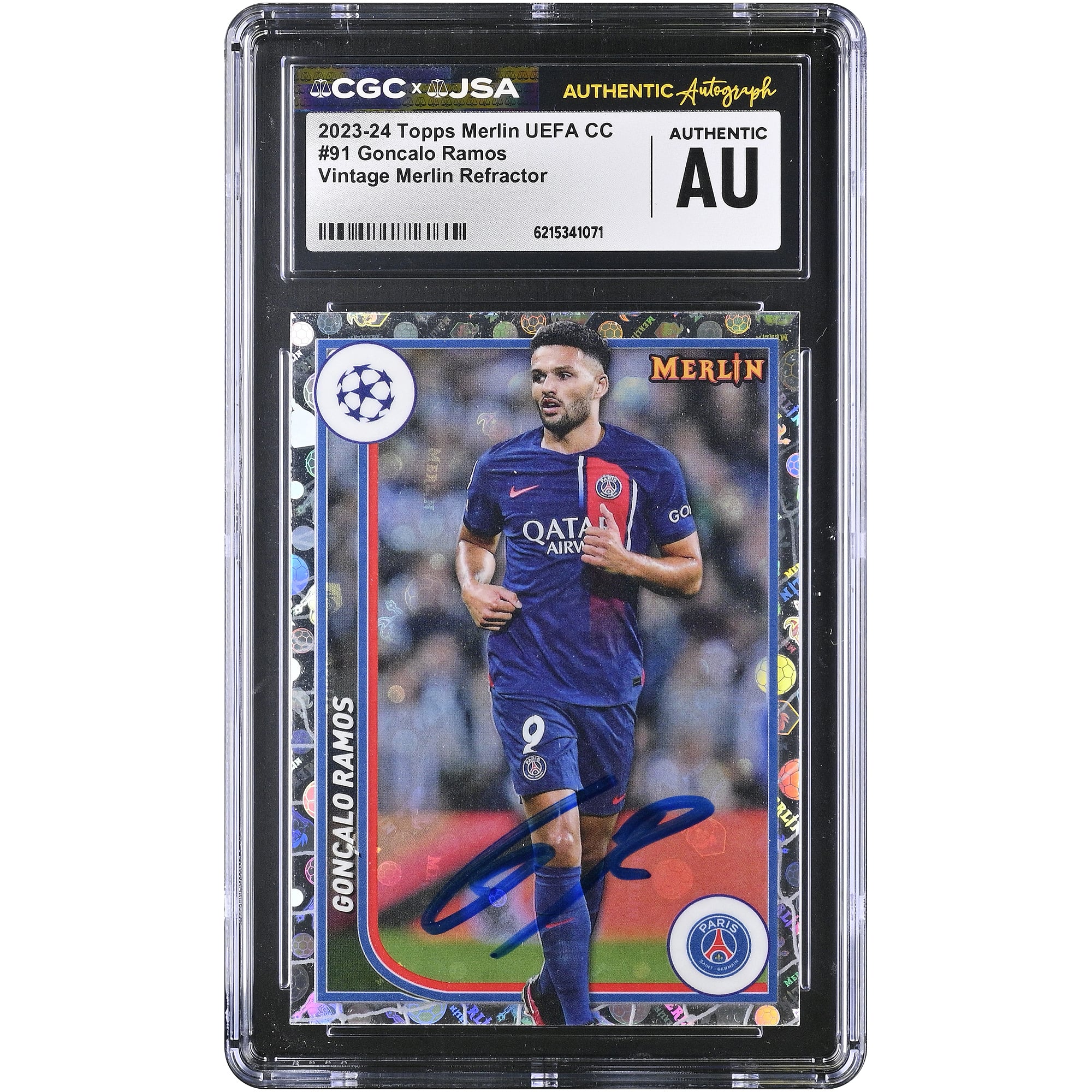 Carte authentifiée CGC 2023-24 Topps Merlin UEFA CC Vintage Merlin Refractor n° 91, signée par Gonçalo Ramos (Paris Saint-Germain)