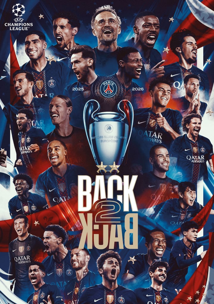 PSG Back 2 Back European Champions Print - Unframed A2