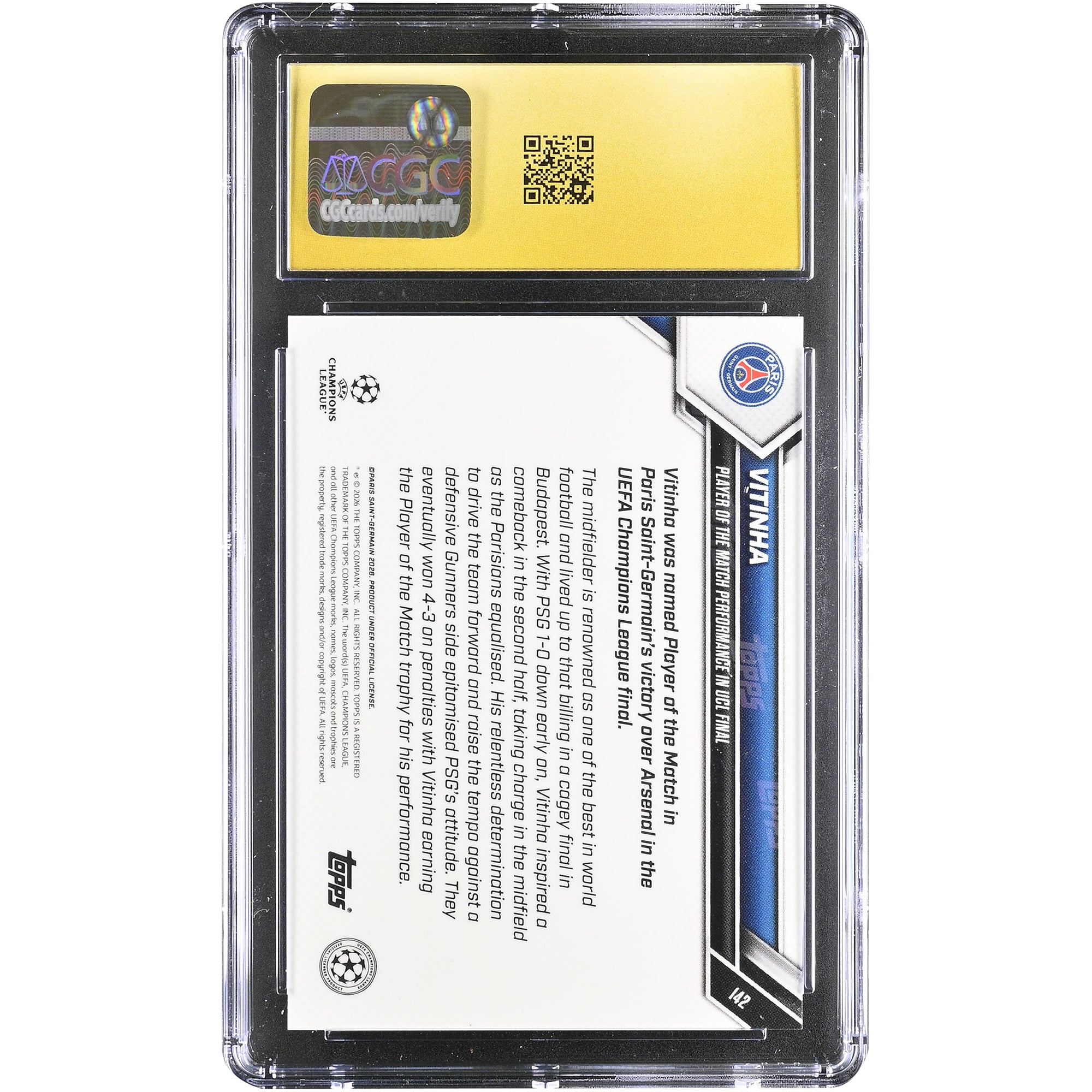 Carte Vitinha 2025-26 Topps Now UEFA CL Joueur du match Performance en finale de la Ligue des champions #142 Authentifiée CGC État PRISTINE 10
