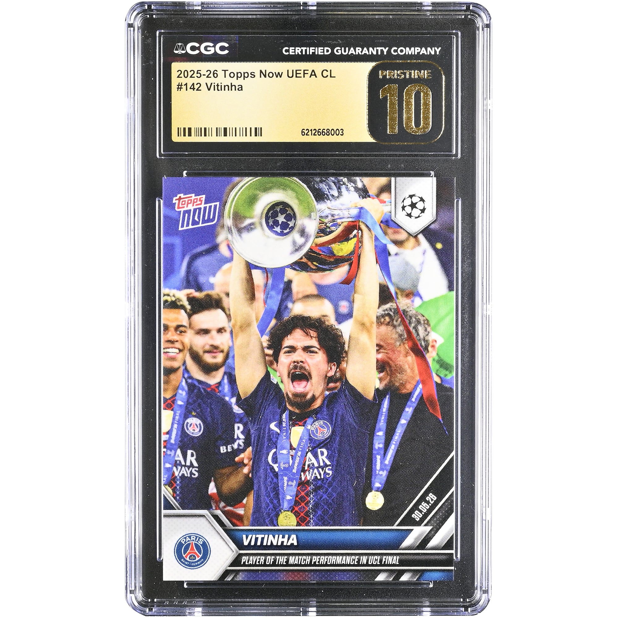 Carte Vitinha 2025-26 Topps Now UEFA CL Joueur du match Performance en finale de la Ligue des champions #142 Authentifiée CGC État PRISTINE 10
