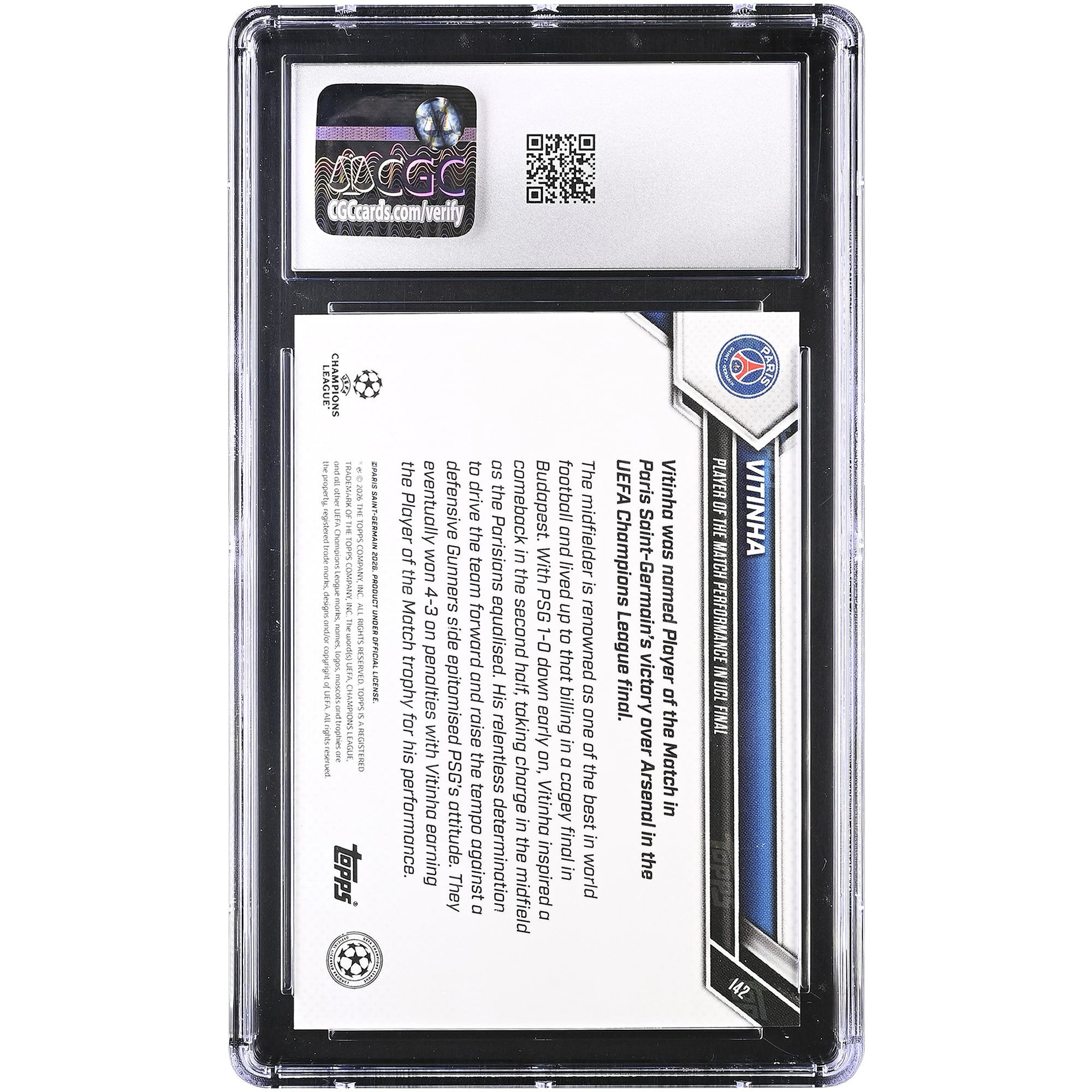 Vitinha Paris Saint-Germain 2025-26 Topps Now UEFA CL Joueur du match Performance en finale de la Ligue des champions Feuille d'or #142 #/50 Authentifiée CGC MINT+ 9.5