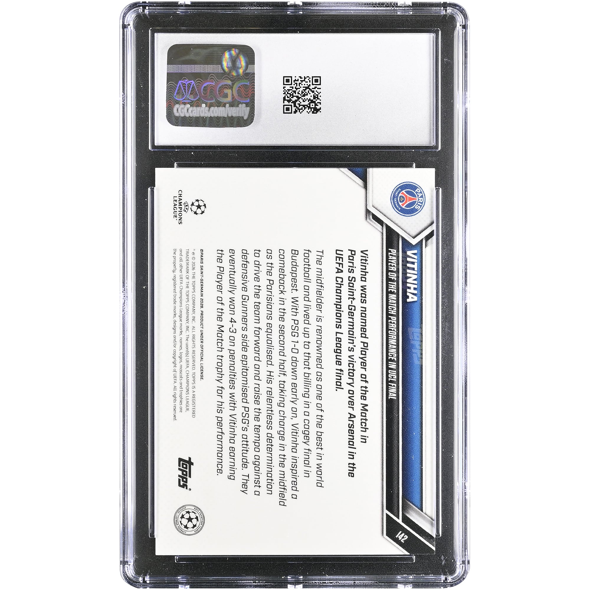 Carte Vitinha Paris Saint-Germain 2025-26 Topps Now UEFA CL Joueur du match Performance en finale de la Ligue des champions #142 Authentifiée CGC État neuf (GEM MINT 10)