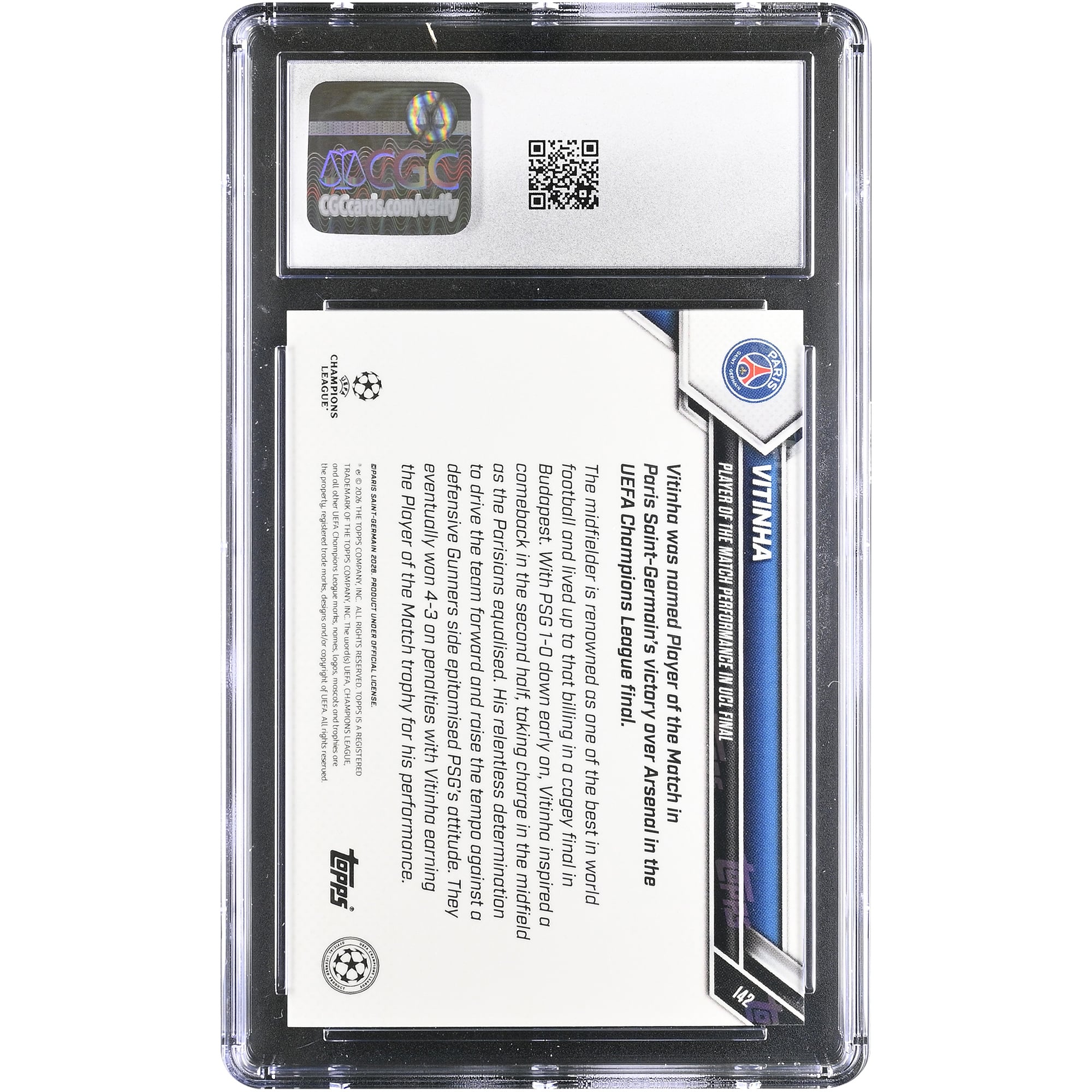 Carte Vitinha Paris Saint-Germain 2025-26 Topps Now UEFA CL Joueur du match Performance en finale de la Ligue des champions #142 Authentifiée CGC MINT+ 9.5