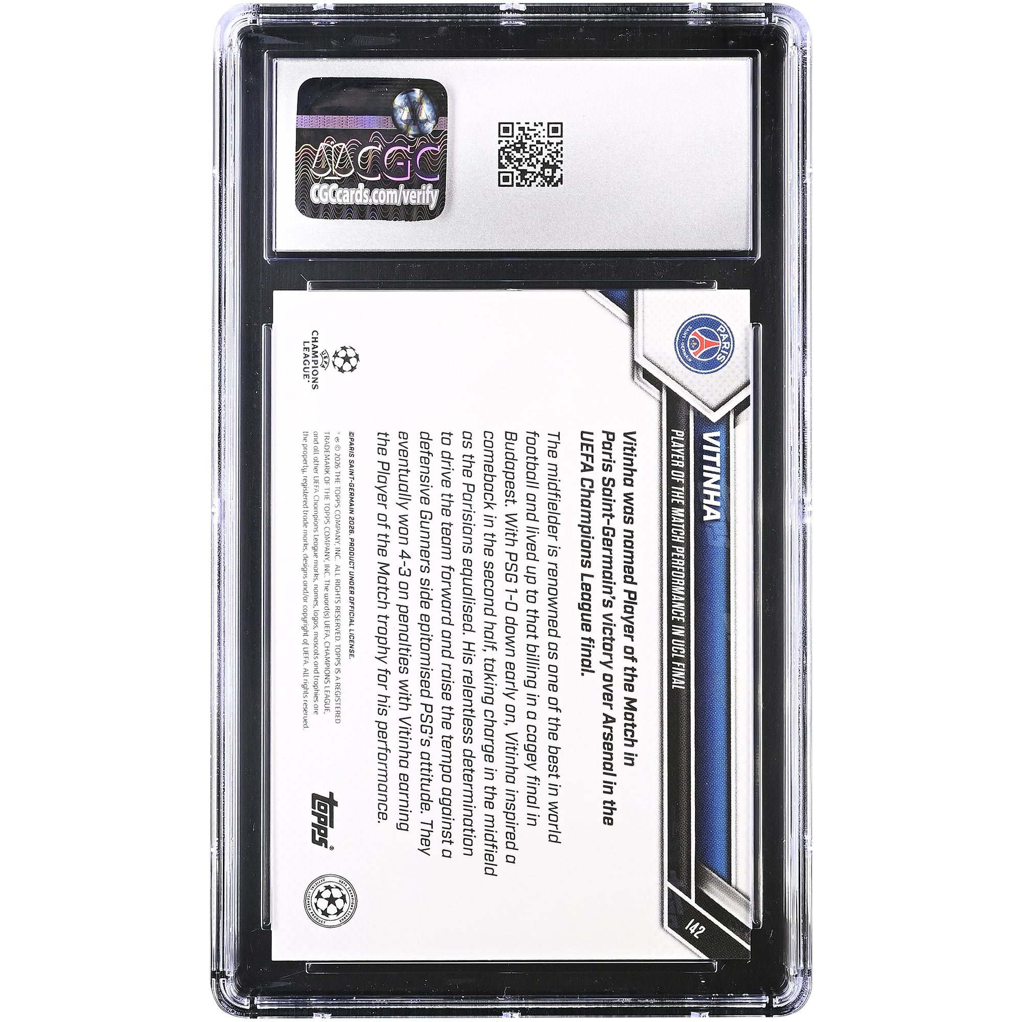 Vitinha Paris Saint-Germain 2025-26 Topps Now UEFA CL Joueur du match Performance en finale de la Ligue des champions Orange Foil #142 #/25 Authentifiée CGC GEM MINT 10