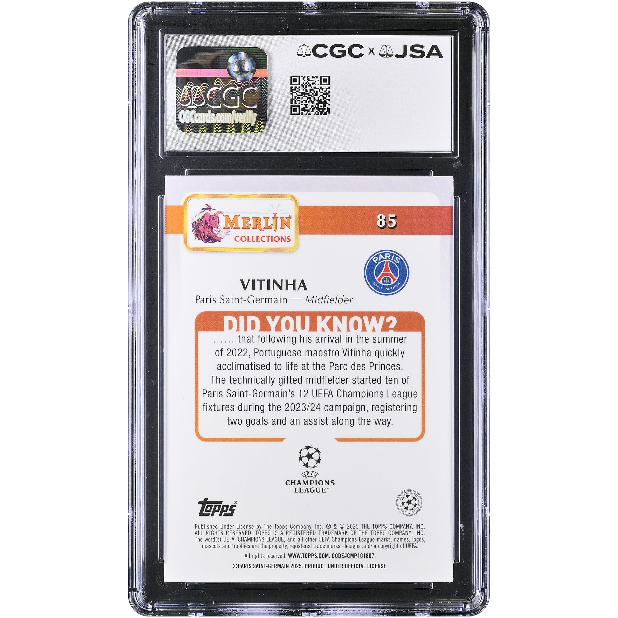 Carte autographiée Vitinha Paris Saint-Germain 2024-25 Topps Merlin UEFA CC #85, authentifiée CGC 9/10