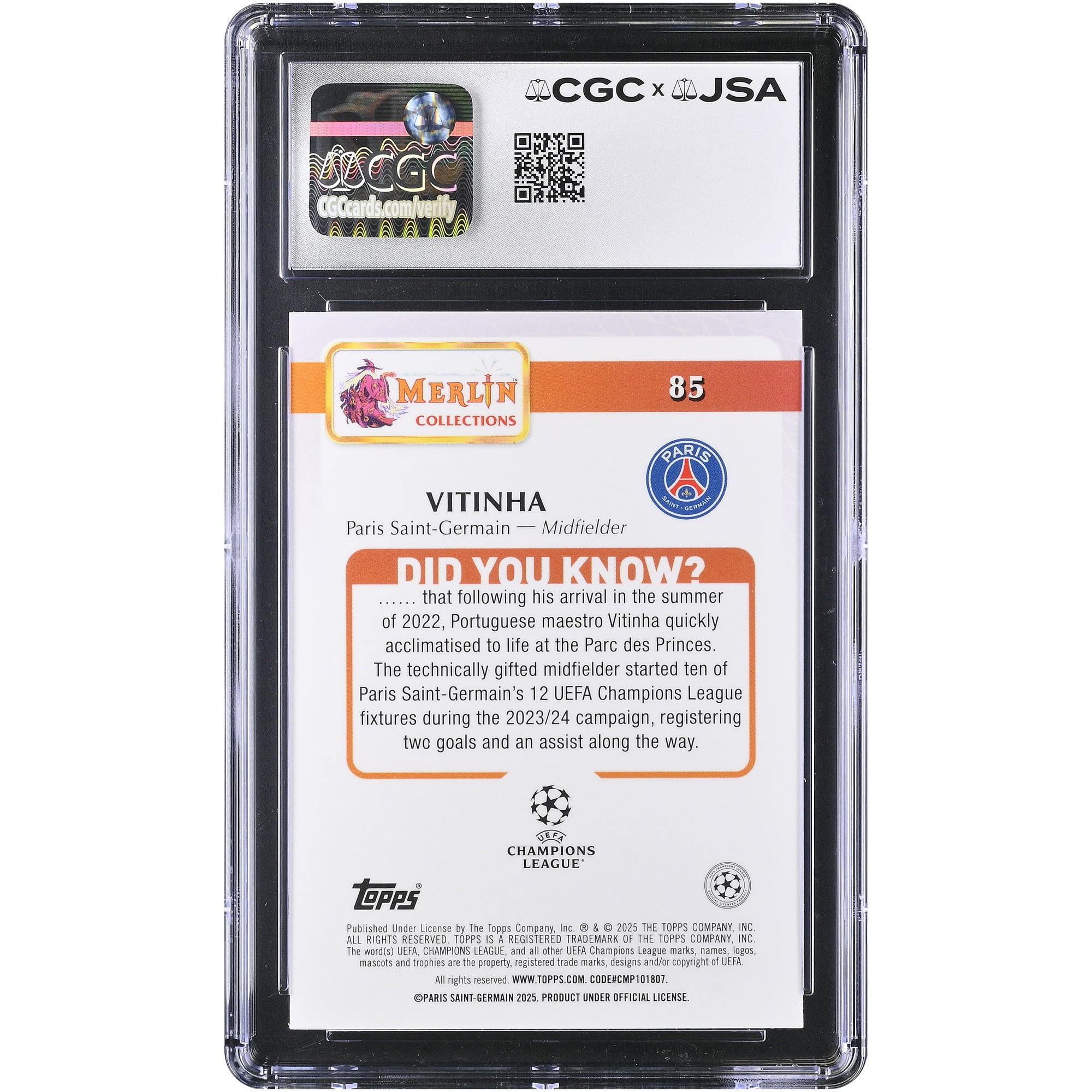 Carte autographiée Vitinha Paris Saint-Germain 2024-25 Topps Merlin UEFA CC #85, authentifiée CGC 9,5/10