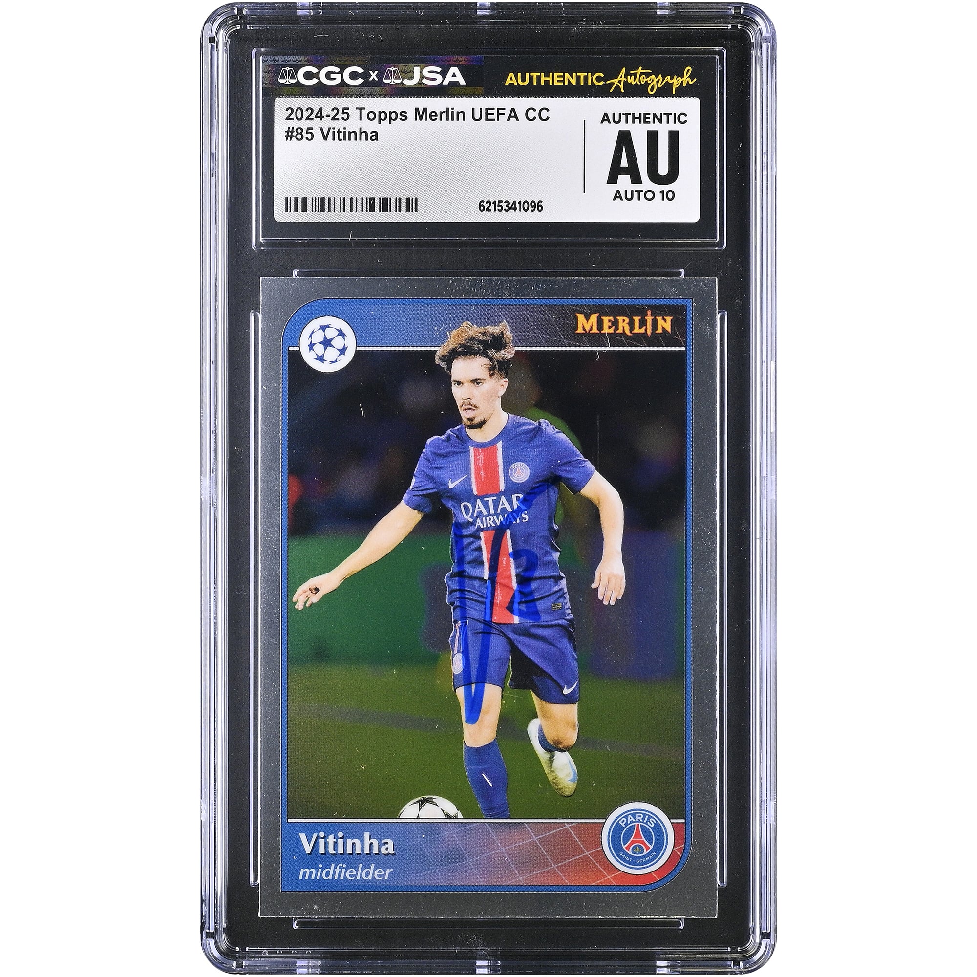 Carte autographiée Vitinha Paris Saint-Germain 2024-25 Topps Merlin UEFA CC #85 authentifiée CGC AUTO 10