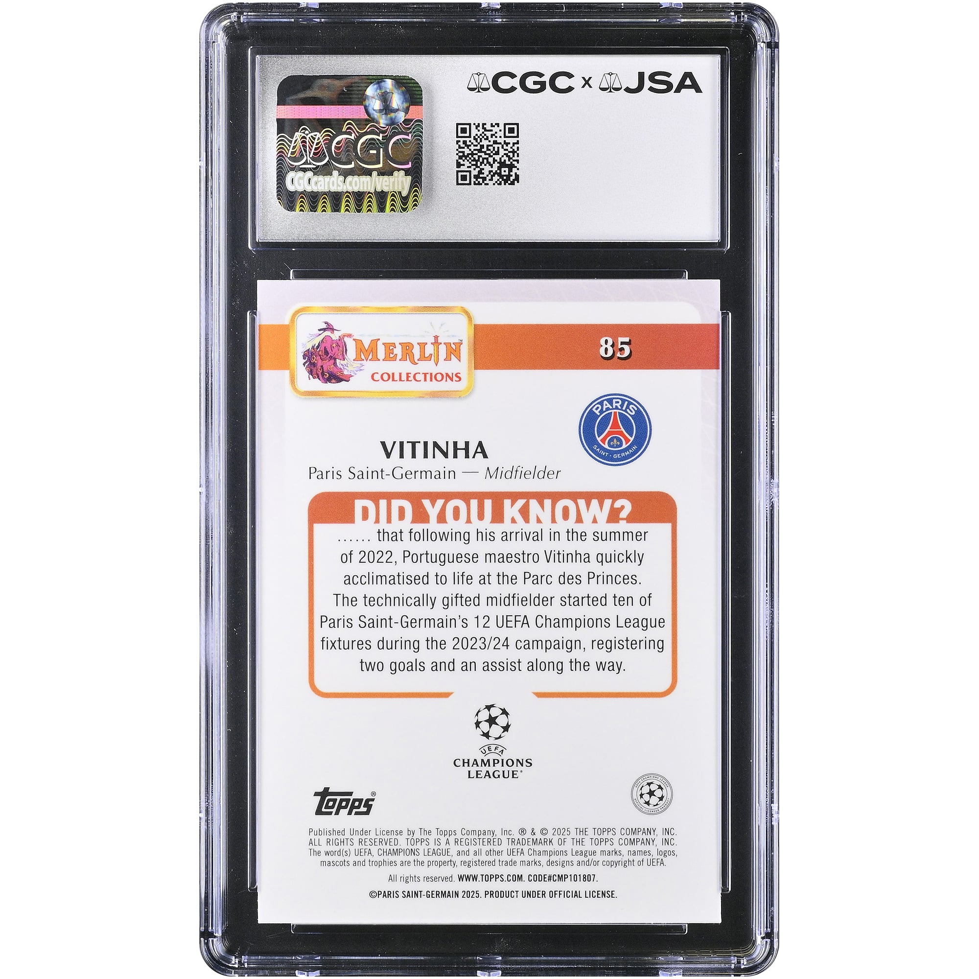 Carte autographiée Vitinha Paris Saint-Germain 2024-25 Topps Merlin UEFA CC #85 authentifiée CGC AUTO 10